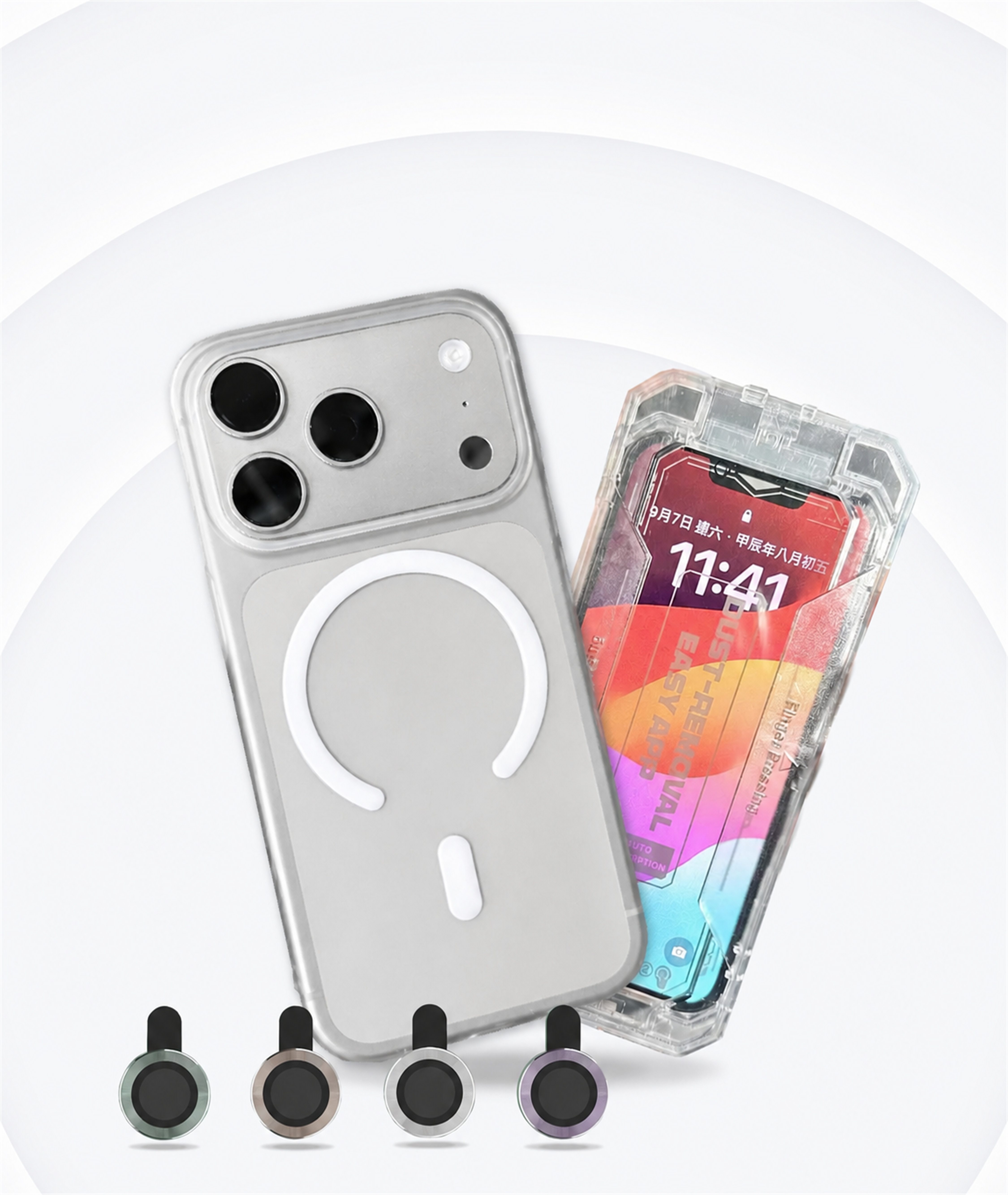 銀色 iPhone 裝上 Londonimg Air Lite Case 磨砂超薄手機殼，並配極地冰盾保護貼與四枚玻璃鏡頭環，殼身、螢幕與鏡頭都有防護