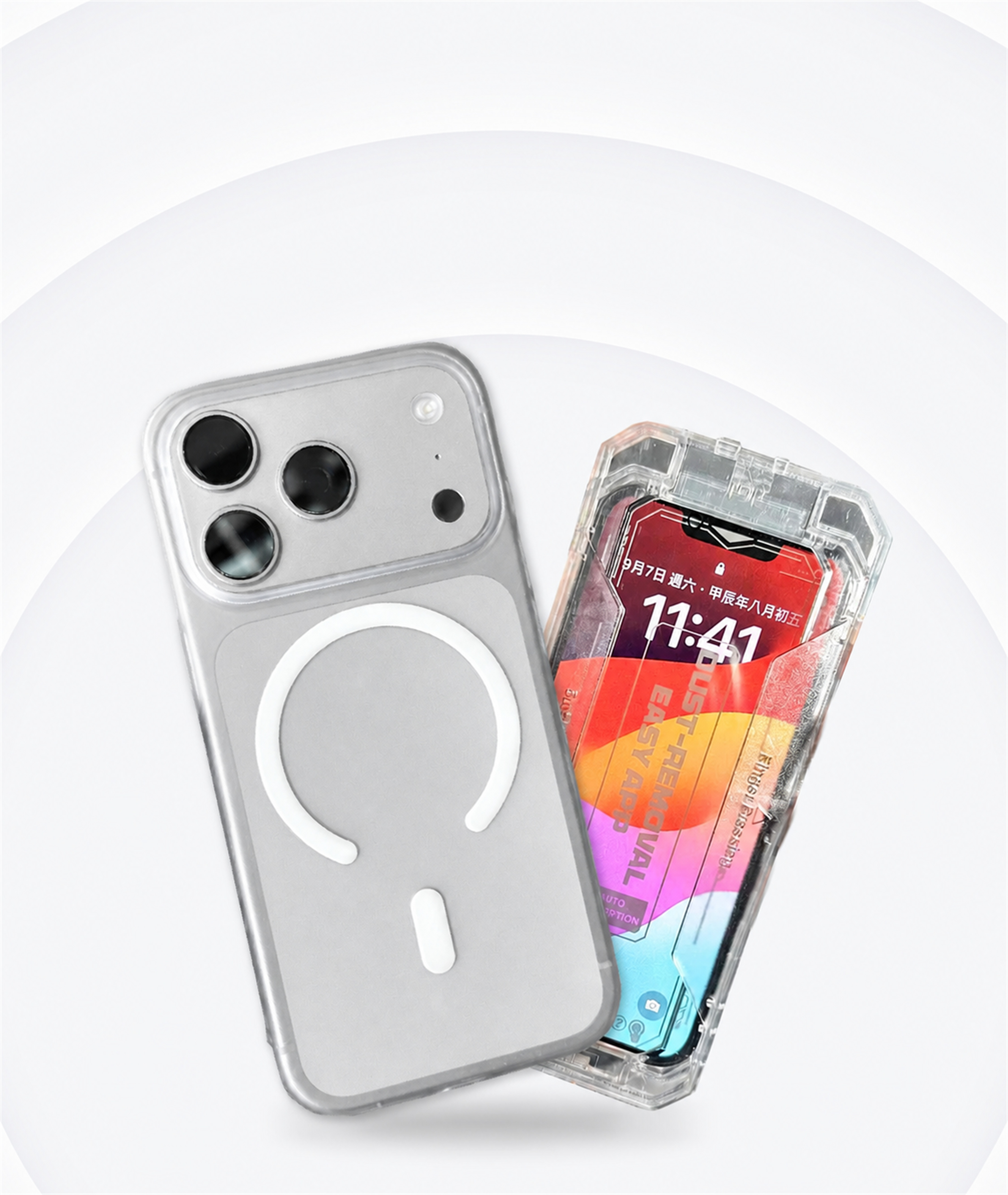 銀色 iPhone 裝上 Londonimg Air Lite Case 磨砂超薄手機殼並貼上極地冰盾保護貼，殼身與螢幕同時有防護