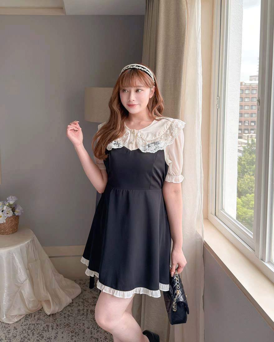 LINA LINA別緻千金刺繡網紗翻領拼色造型洋裝-黑X杏
