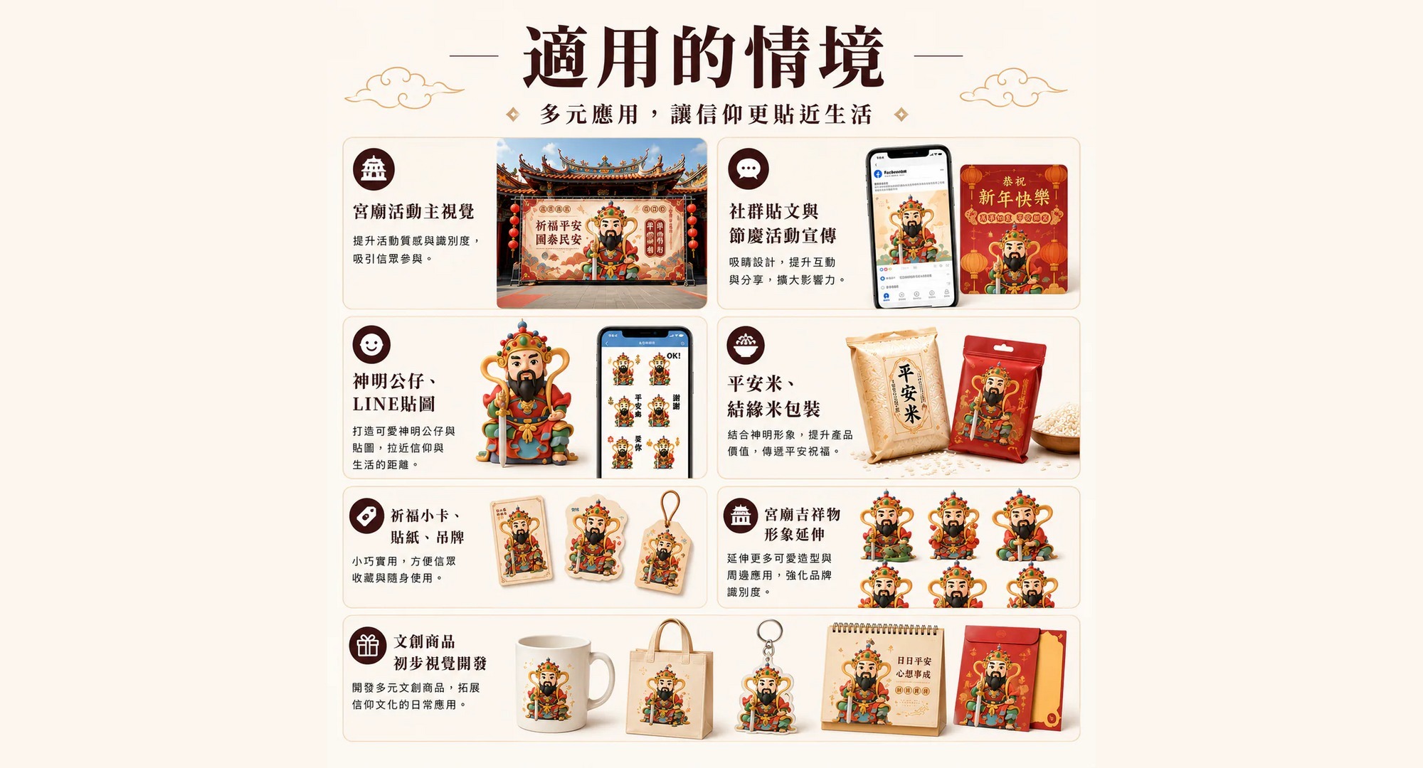 Q版神明應用於宮廟主視覺、社群貼文、平安米與祈福小物