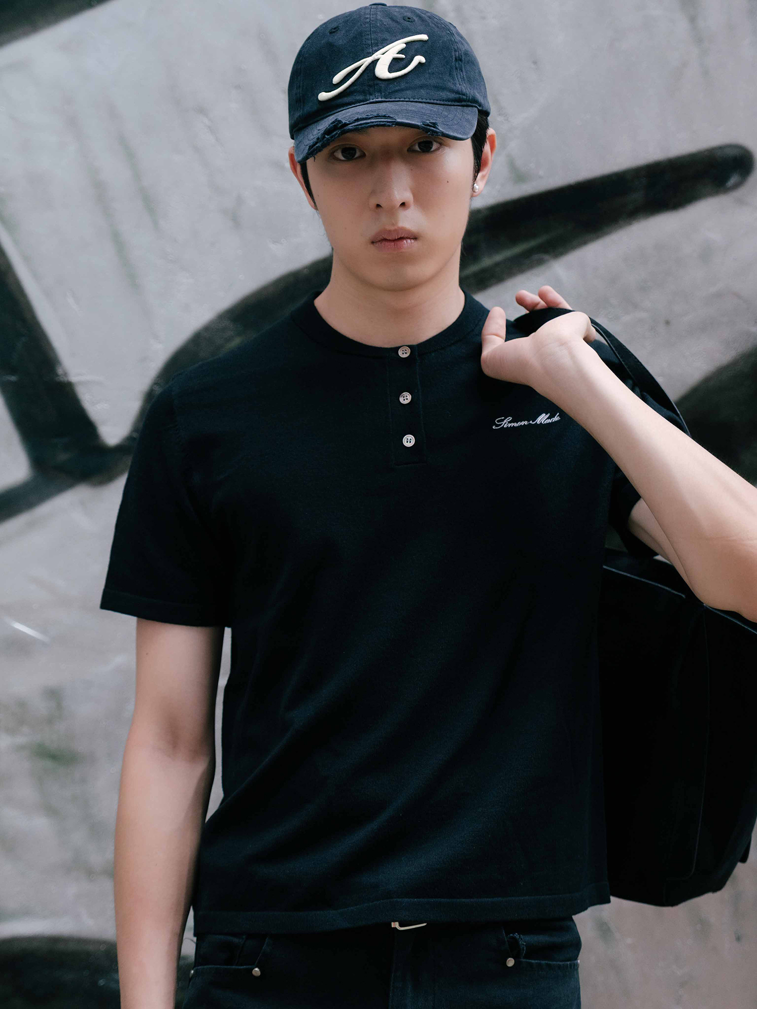 SIMON MADE TS-2637 羊毛混紡 刺繡LOGO 亨利領 短T 短袖