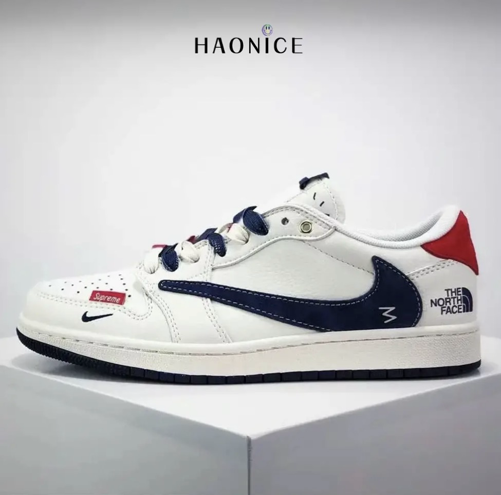 【HAO NICE】惡作劇特別款Air Jordan 1 Low OG xTravis Scott x Supreme x The North Face多方聯名 經典logo海軍藍紅配倒勾女版板鞋 籃球鞋 FC1688-211