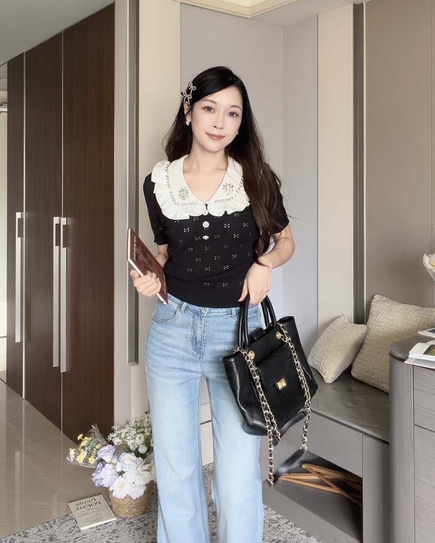 LINA LINA甜美珍愛鑽石荷葉翻領縷空花紋上衣-高貴黑