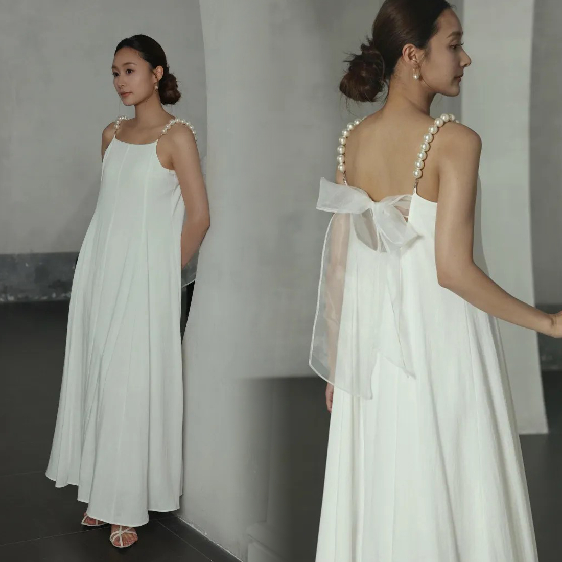 珍珠肩帶歐根紗蝴蝶結綁帶造型長洋裝-S-M / 2色 (Elegant & Love)