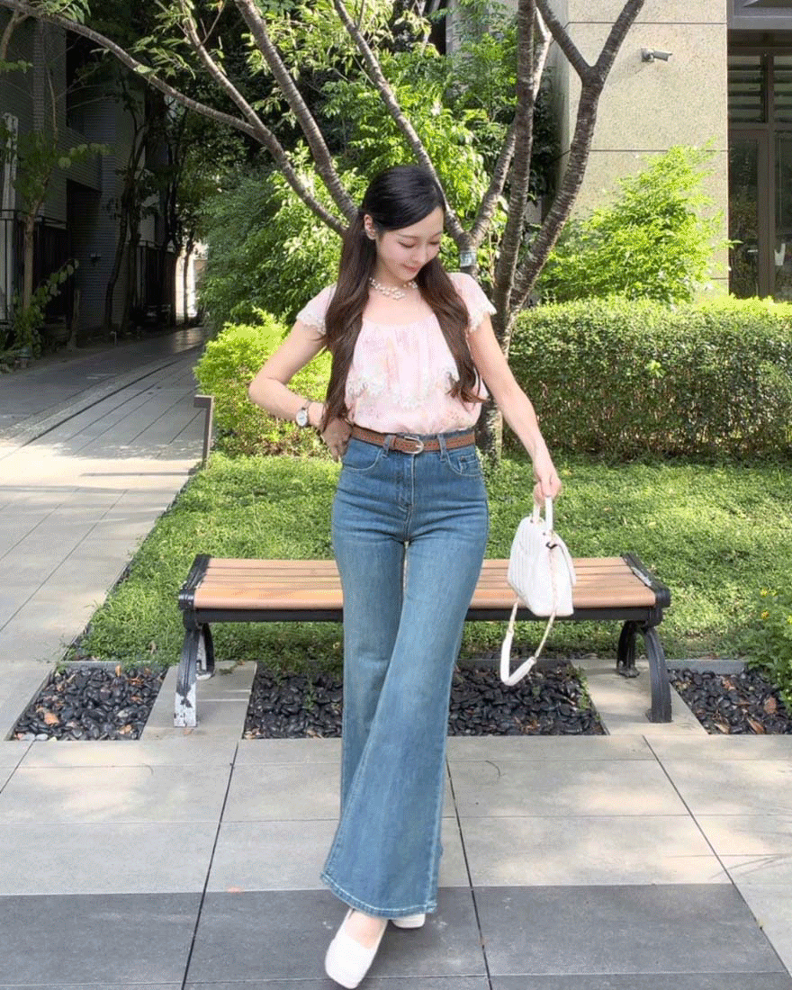 LINA LINA俐落記事修身喇叭牛仔褲附皮帶-質感藍S-L