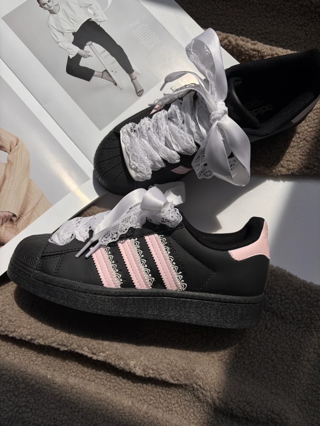 【訂製鞋款】ADIDAS ORIGINALS SUPERSTAR 黑粉 柏林少女 蕾絲浪漫 蝴蝶結 女鞋 貝殼頭