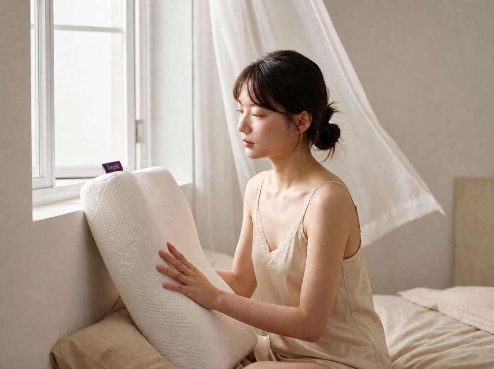 年輕女性將枕頭放在窗邊通風處
