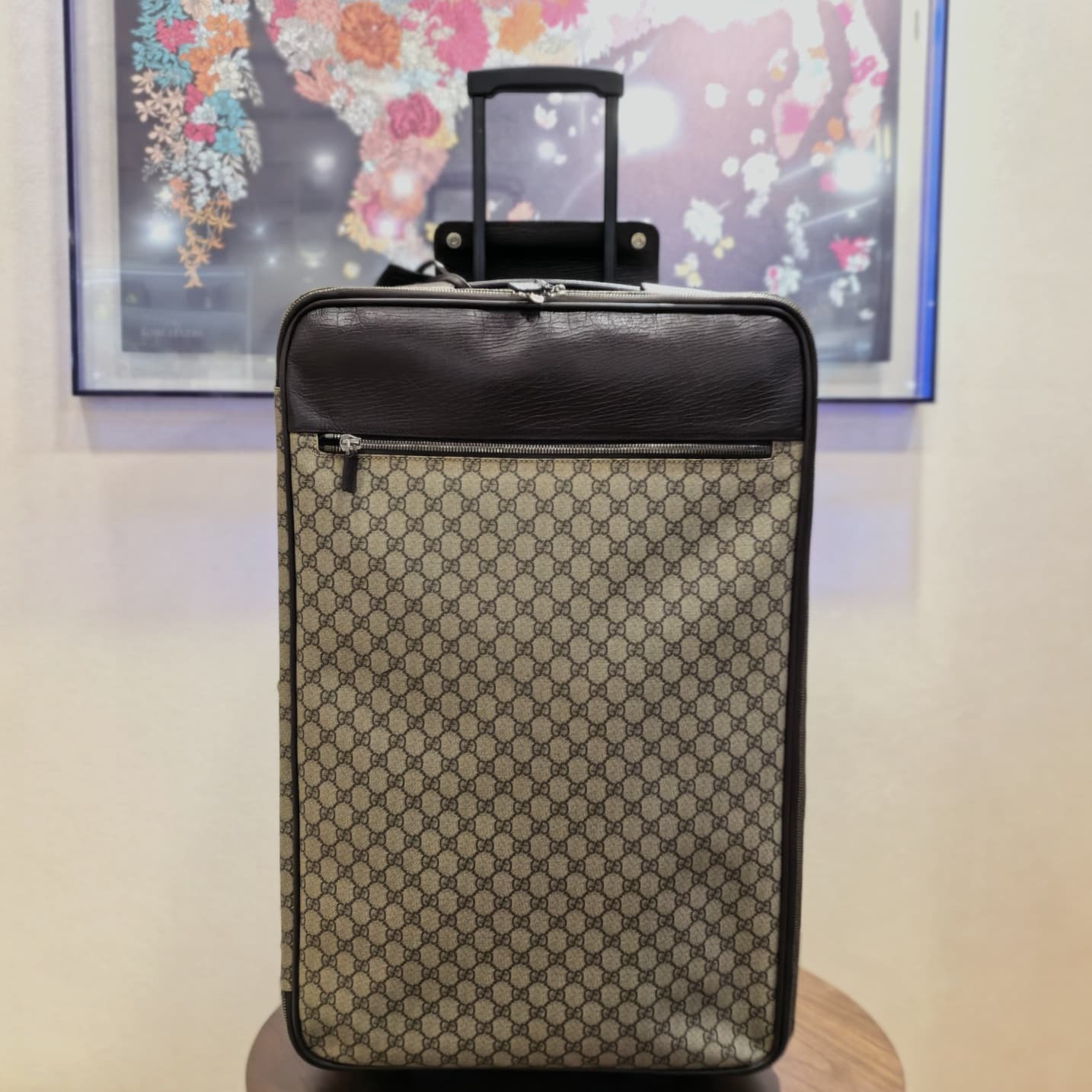 95%NEW二手GUCCI 拉桿行李箱, GG Supreme, 101678, 灰色PVC / 深棕色牛皮, #香榭站正品