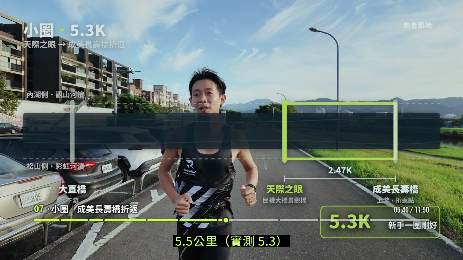 天際之眼到成美長壽橋約 2.47K、完整小圈約 5.3K 的影片實測示意