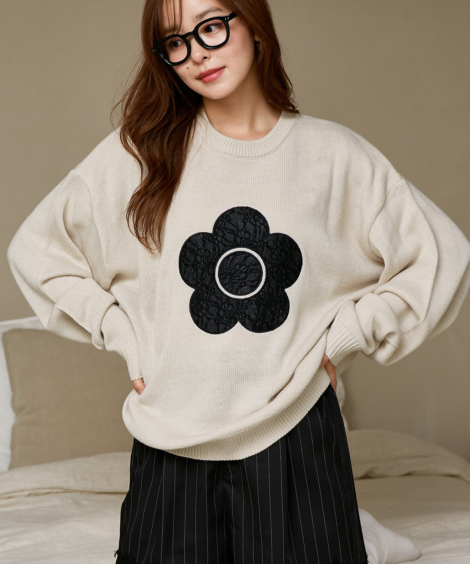 MARY QUANT × PUBLUX / Lace Mixed Material Docking Daisy Knit