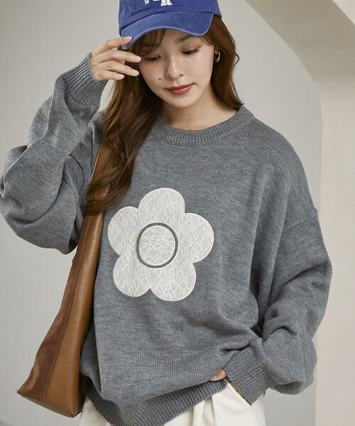 MARY QUANT × PUBLUX / Lace Mixed Material Docking Daisy Knit