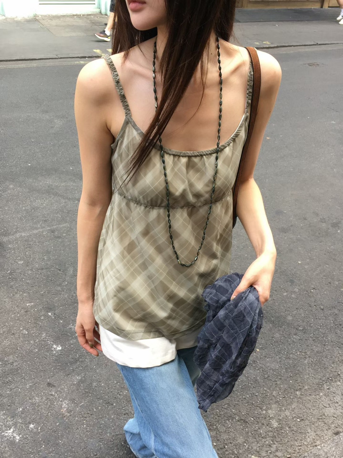 斜格吊帶紗背心