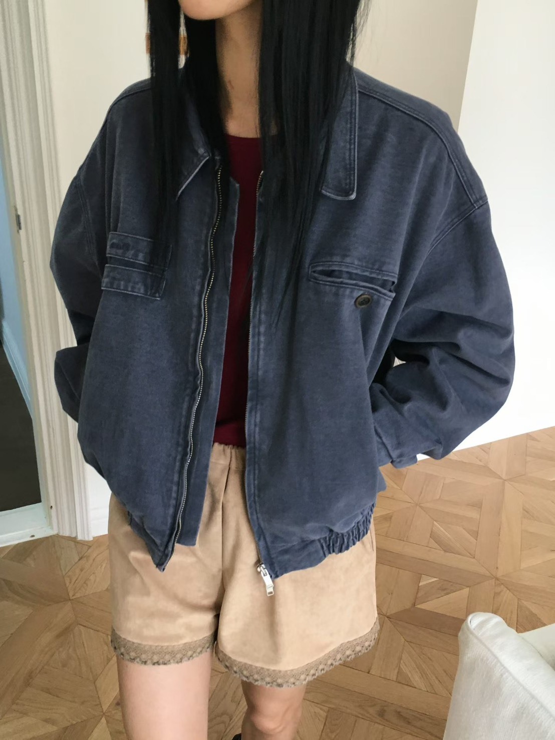 雙開拉鍊單寧夾克
