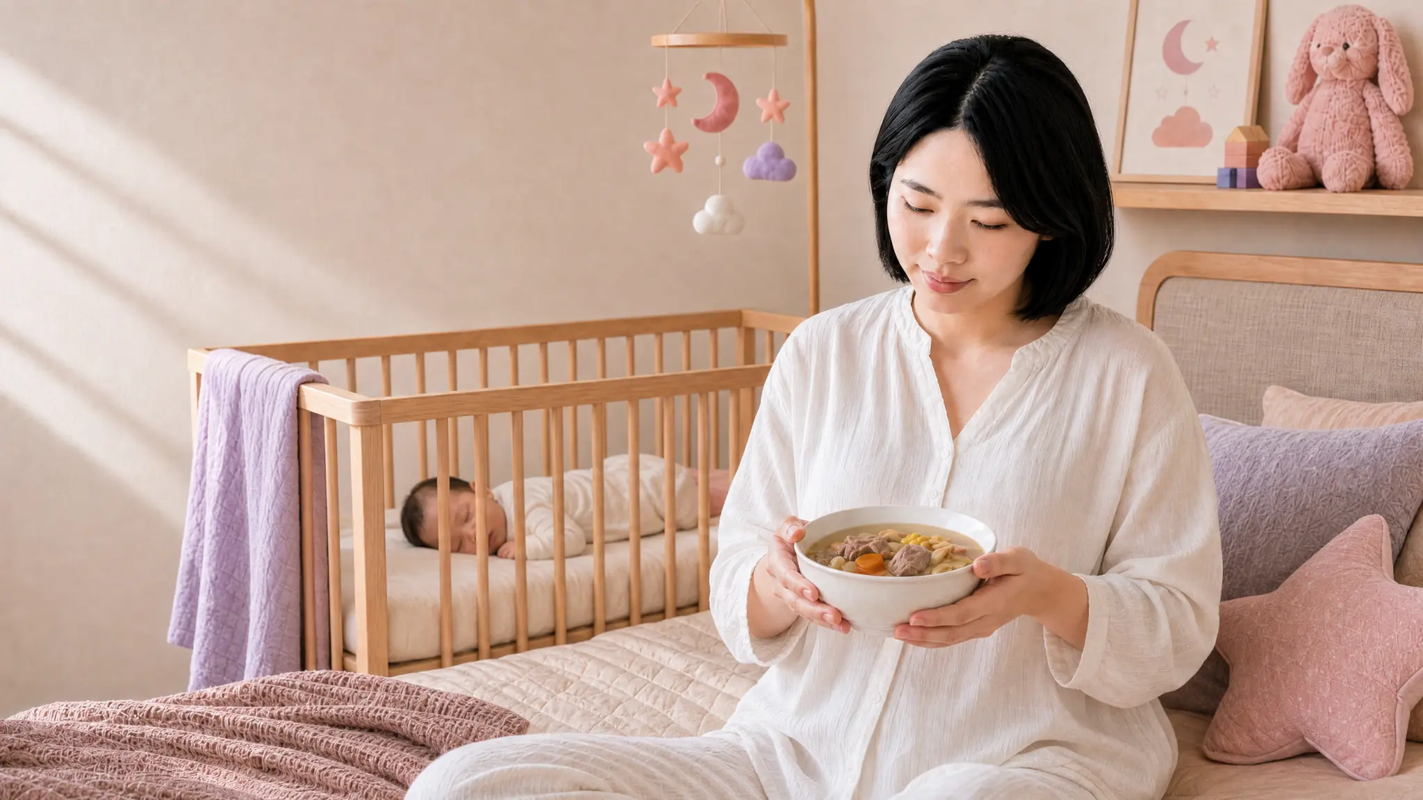 產後媽媽手捧月子補湯，準備進行產後調養