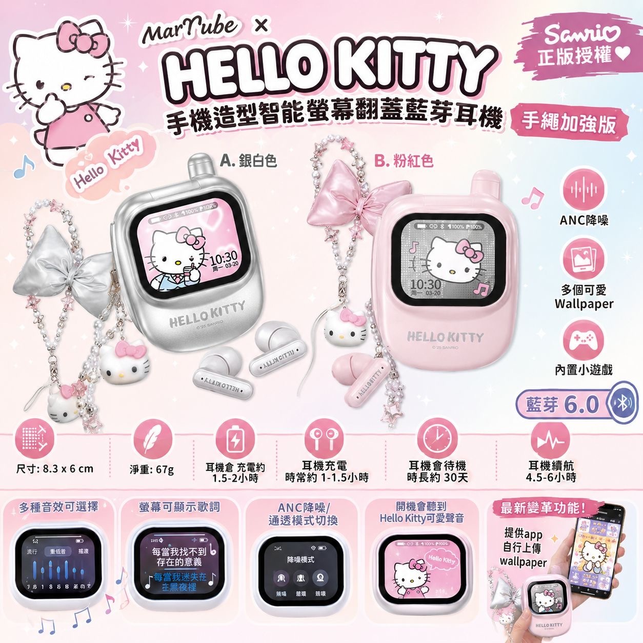🟡MarTube  x Hello Kitty手機造型智能螢幕翻蓋藍芽耳機 - 手繩加強版🟡 -2600667-260904