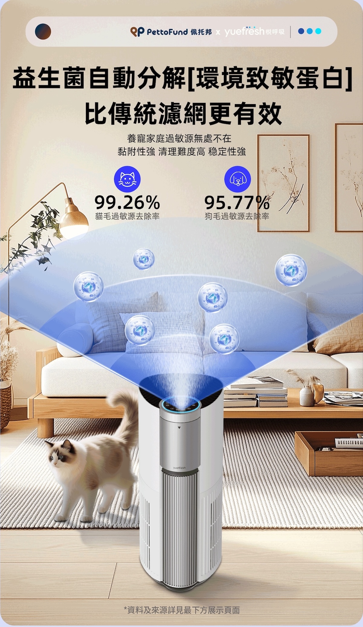yuefresh悅呼吸寵物家庭抗敏專用清淨機的益生菌實現貓毛過敏源99.26%去除認證