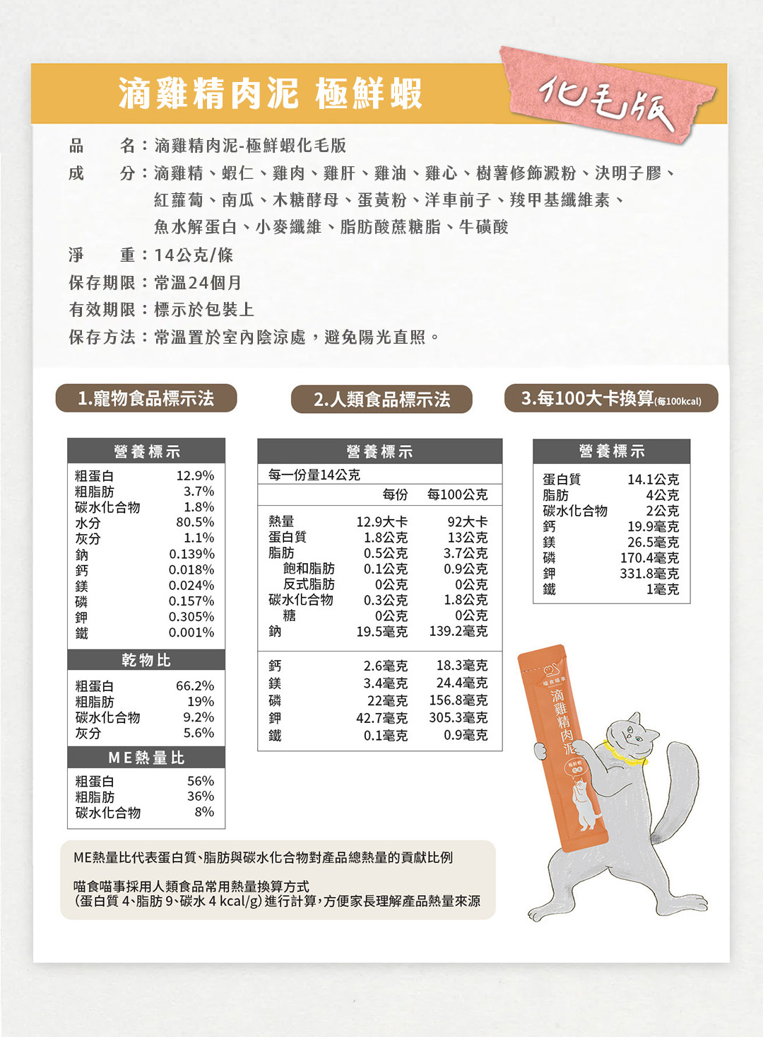 喵食喵事滴雞精肉泥極鮮蝦健康版營養標示