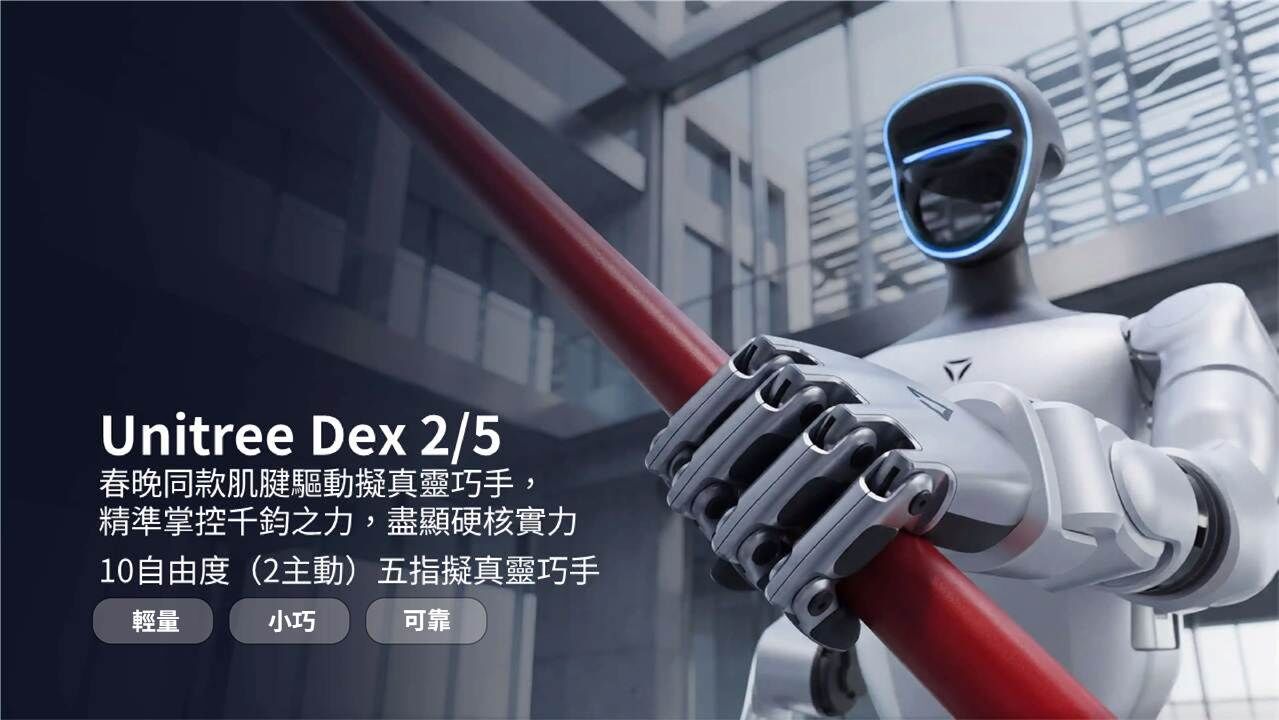 Unitree Dex 2/5,春晚同款肌腱驅動擬真靈巧手， 精準掌控千鈞之力，盡顯硬核實力,10自由度（2主動）五指擬真靈巧手
