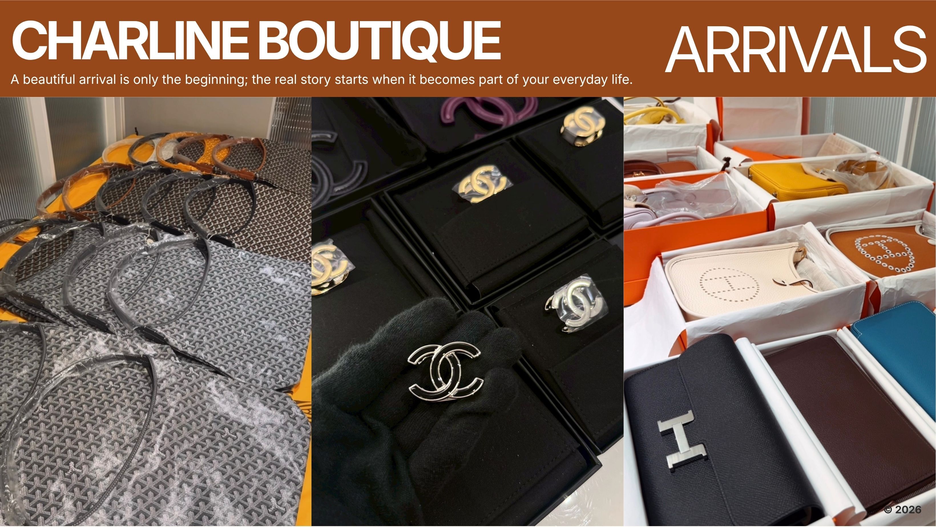 Charline Boutique 到貨日常社群預覽圖，呈現 Goyard 包款、CHANEL 飾品與 Hermès 小皮件實拍，說明精品色差、尺寸比例與拆箱品檢
