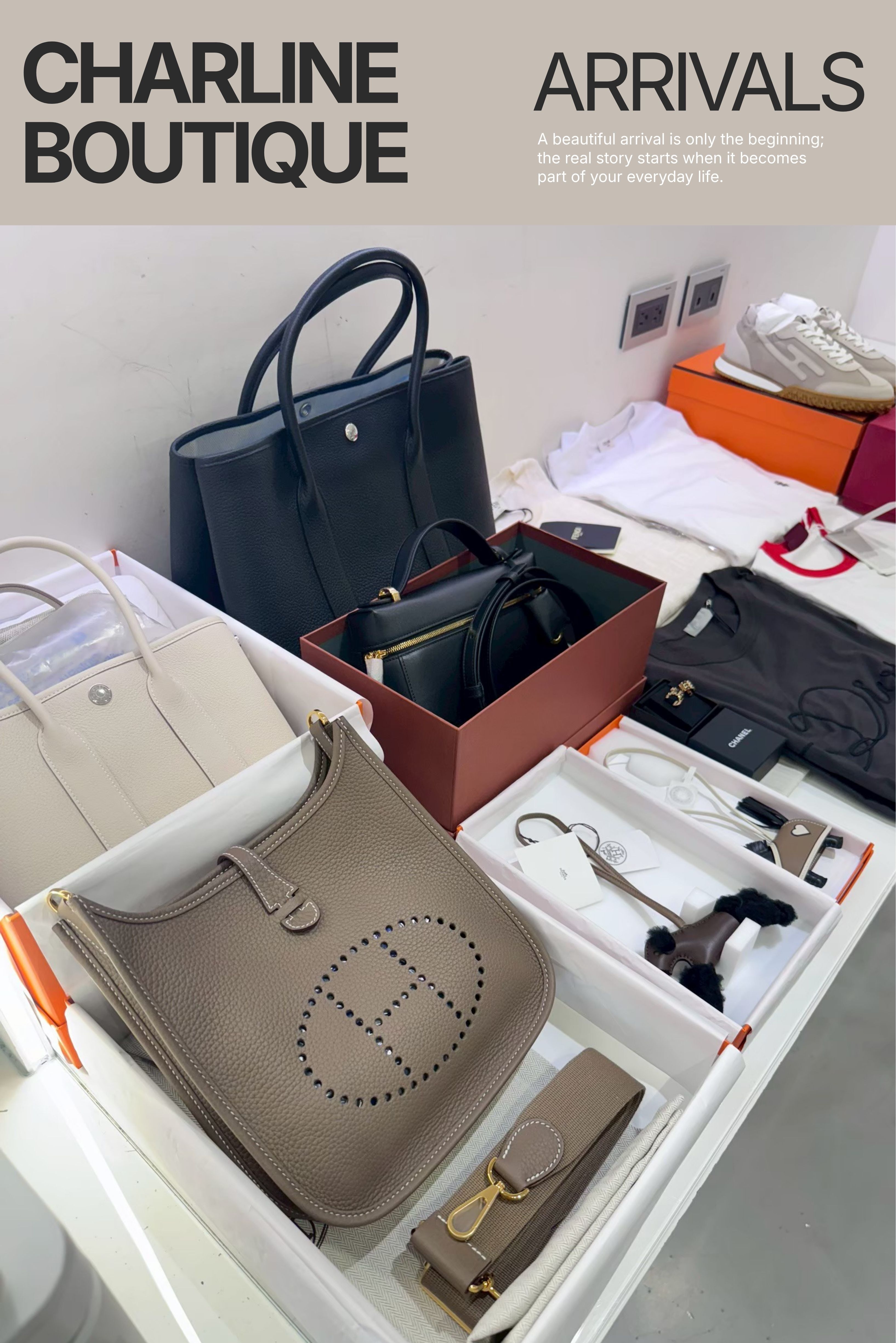 Hermès 包款、精品鞋履、服飾與配件集中排列的多品牌到貨實拍,Charline Boutique 實拍