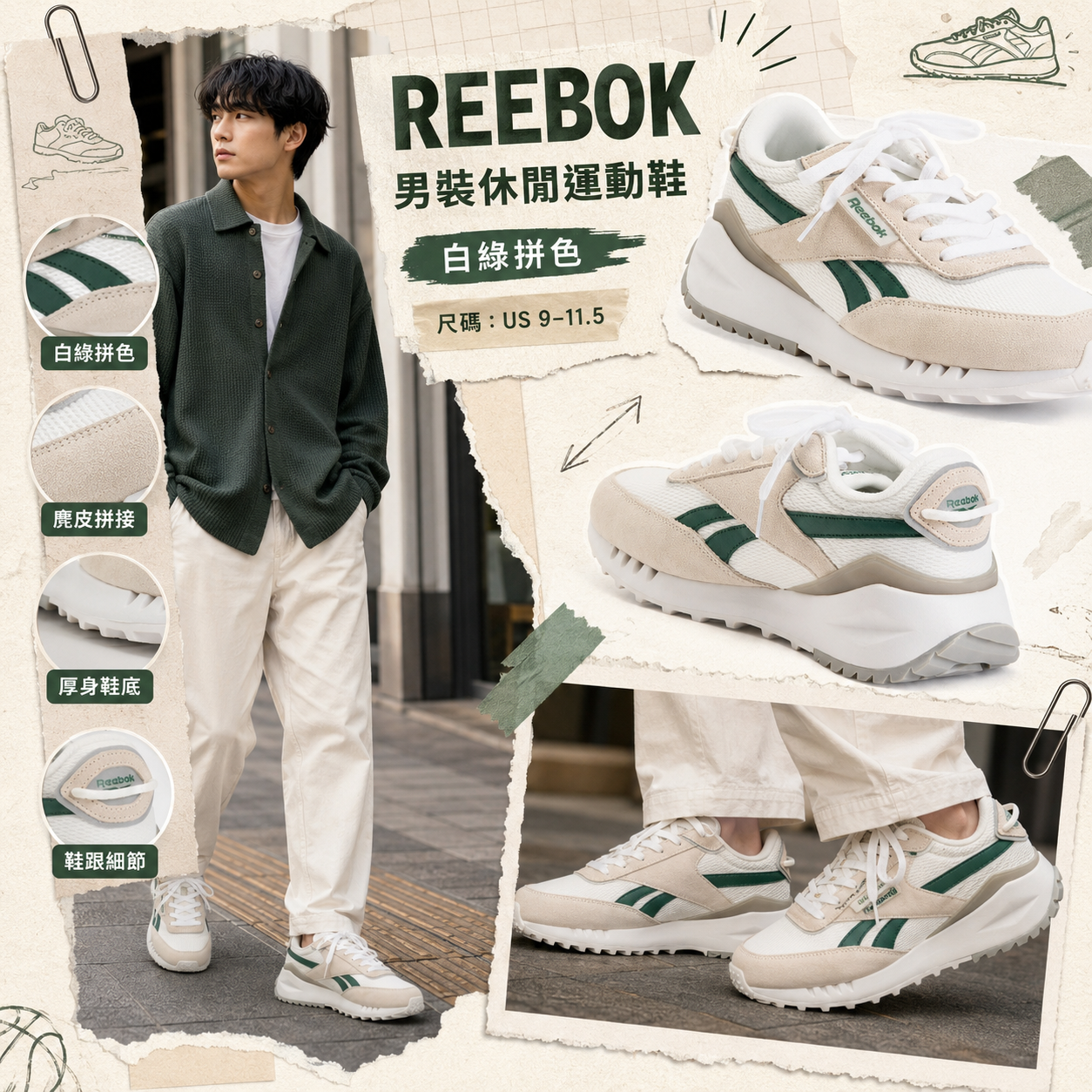 【預購】 REEBOK H090201 Forte Racer 男裝休閒運動鞋 (白綠拼色)