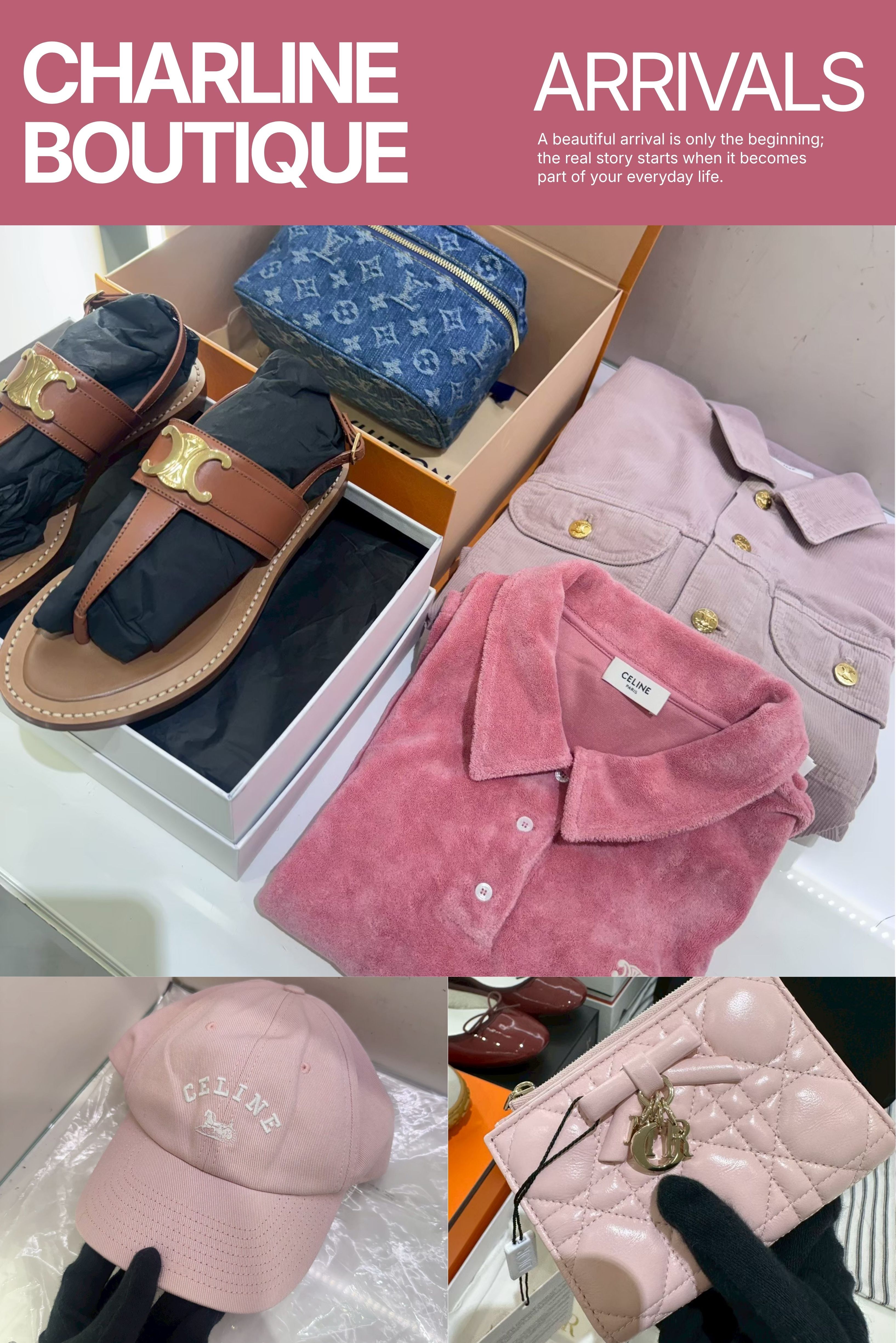 CELINE 淡粉色上衣與外套搭配棕色鞋履,呈現粉色與大地色實品色調,Charline Boutique 實拍
