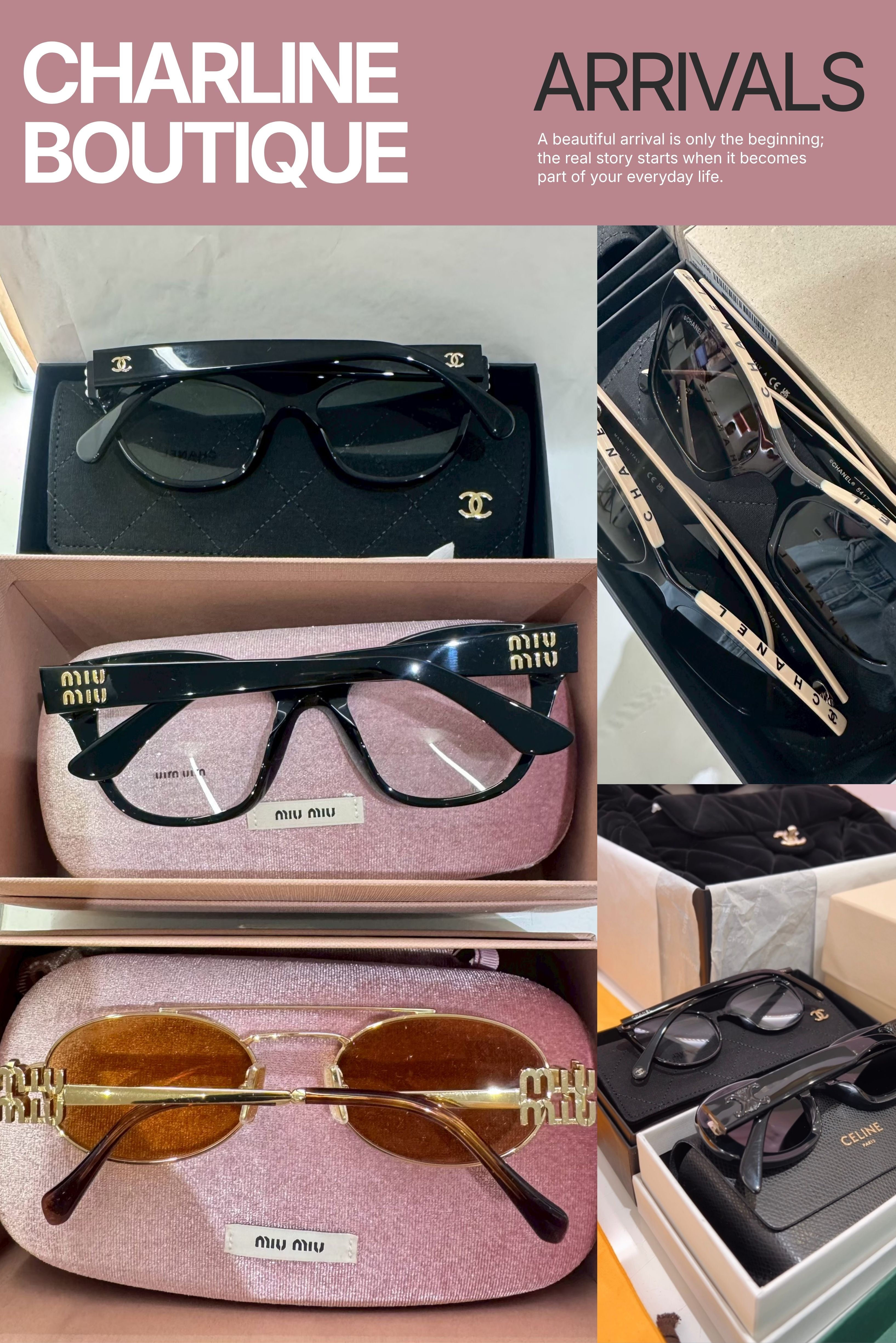 CHANEL 與 Miu Miu 黑色及金色鏡框眼鏡並排,比較鏡框、鏡腳與 Logo 位置,Charline Boutique 實拍