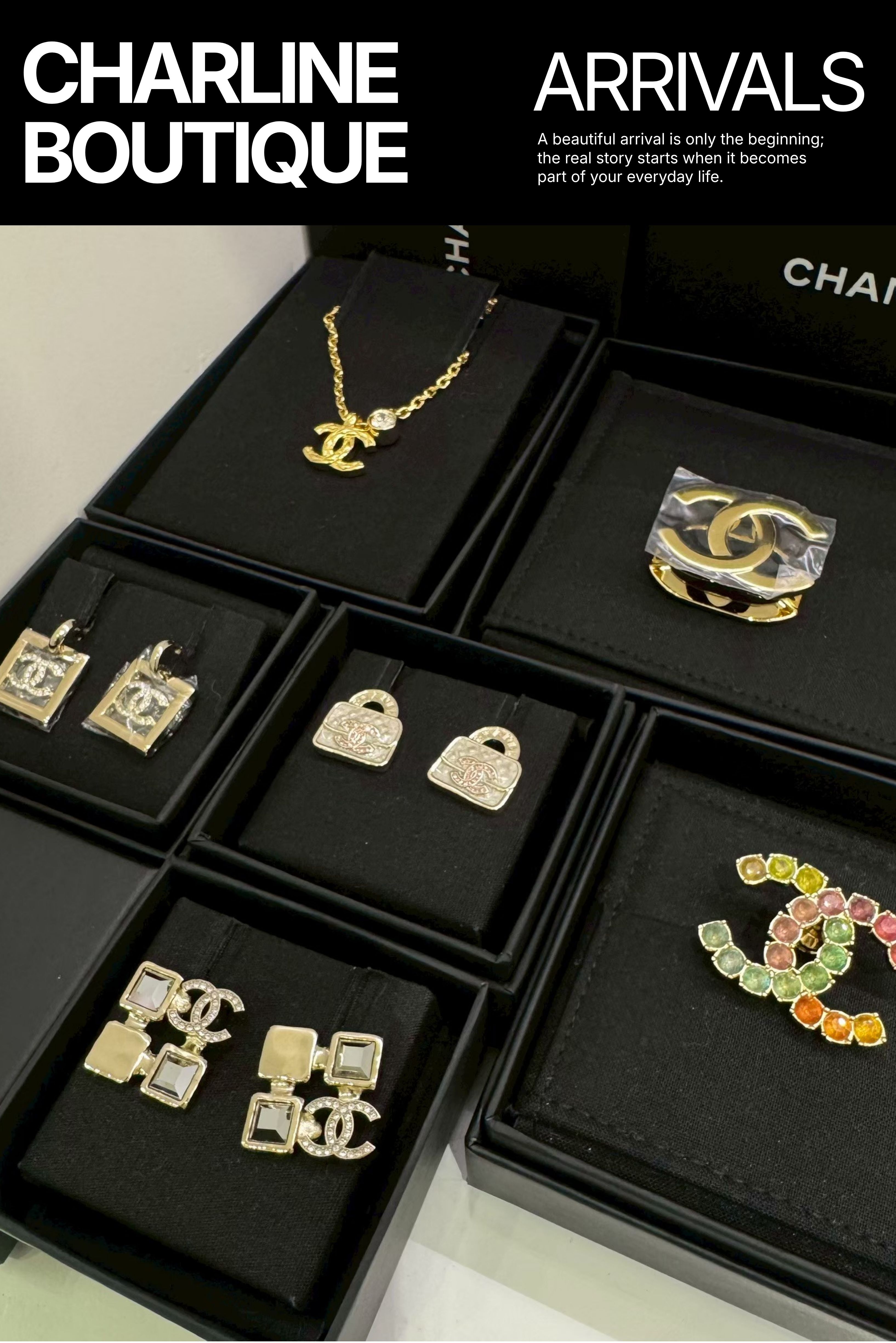 CHANEL 耳環、項鍊與胸針並排,比較不同金屬造型、Logo 與飾品細節,Charline Boutique 實拍