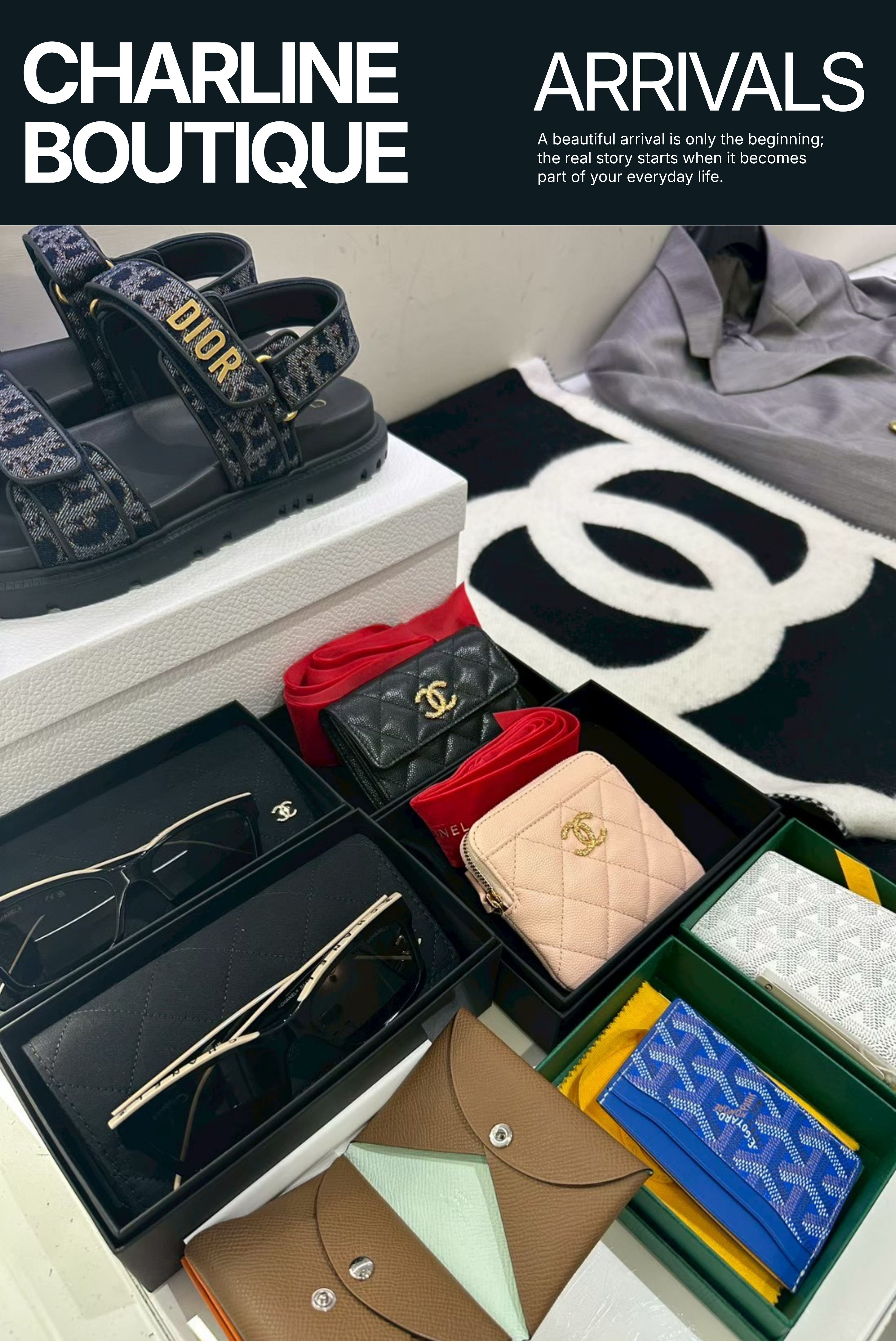 精品鞋履、皮夾、飾品與包款配件集中整理,呈現不同品項與包裝內容,Charline Boutique 實拍