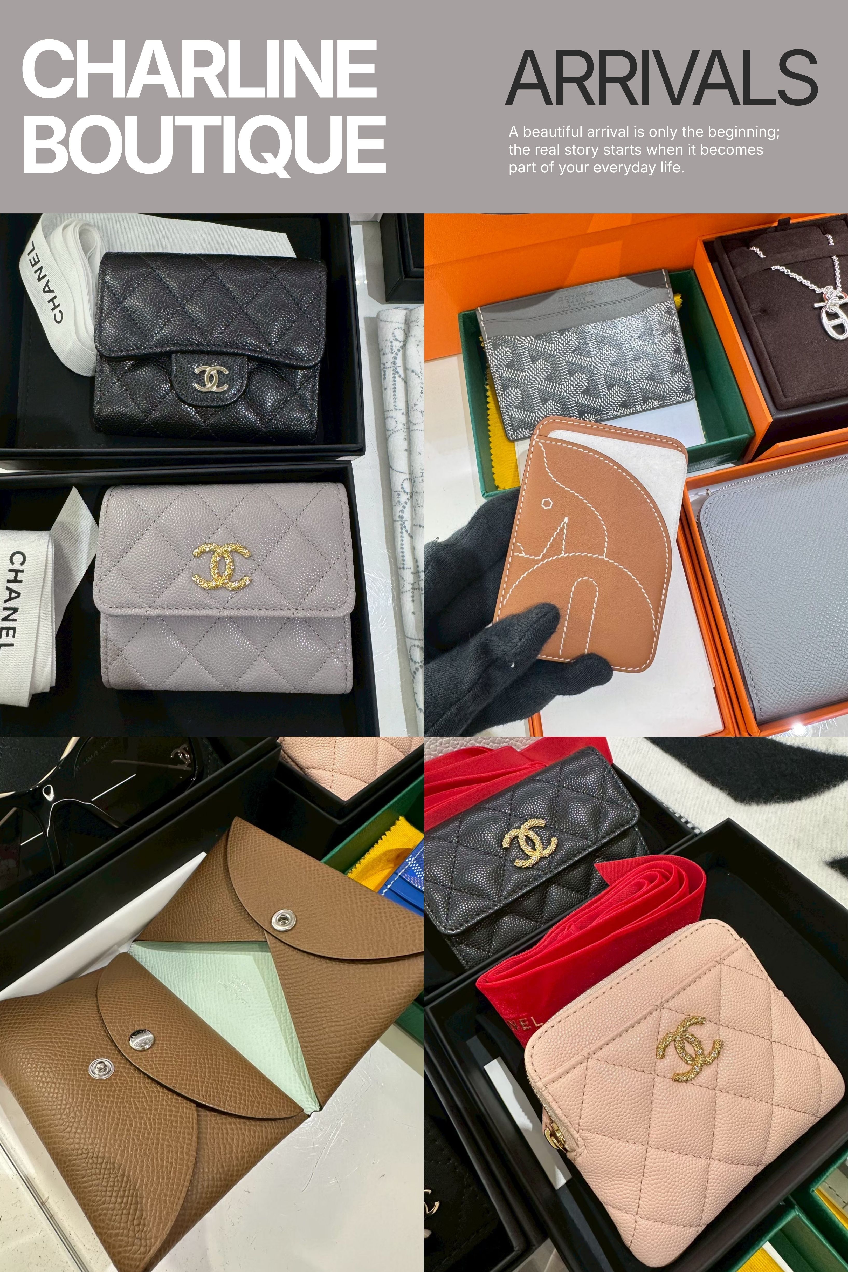 CHANEL 黑色與灰色小皮件並排,比較皮革紋理、五金與包型細節,Charline Boutique 實拍