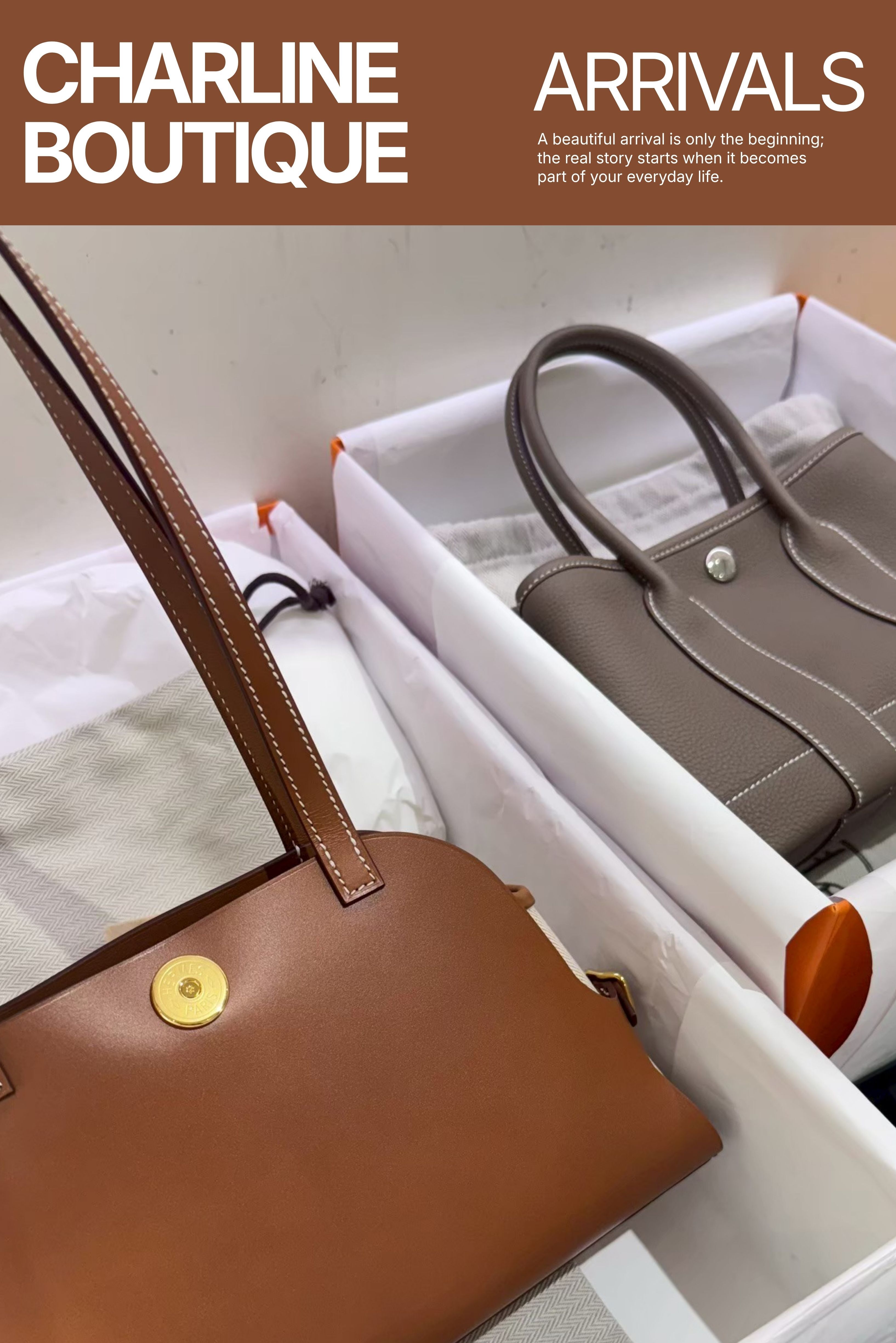 Hermès 灰色與棕色皮革包款並排,比較色調、皮革紋理與五金差異,Charline Boutique 實拍