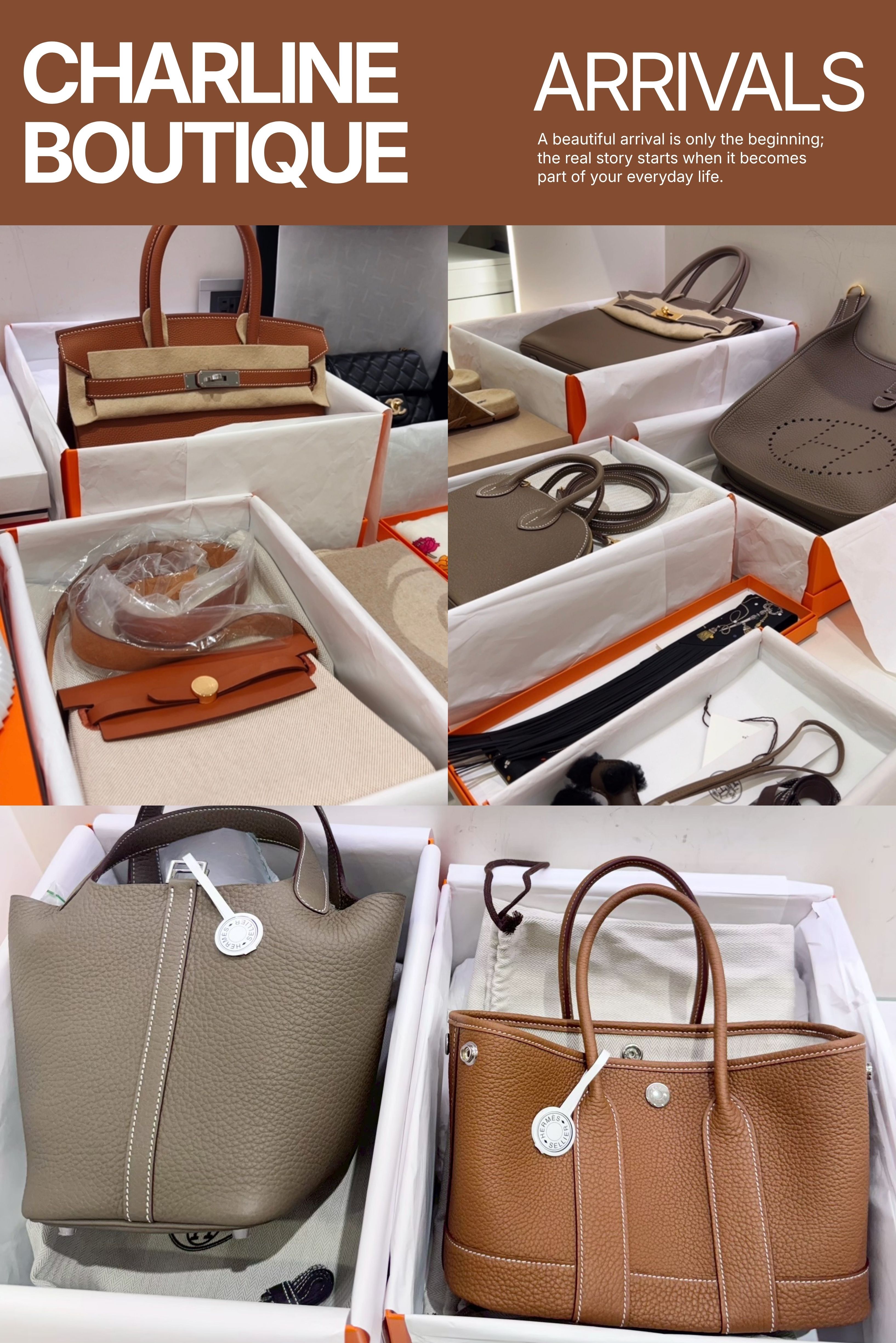 Hermès 棕色與灰色包款並排,比較包身輪廓、皮革光澤與五金搭配,Charline Boutique 實拍