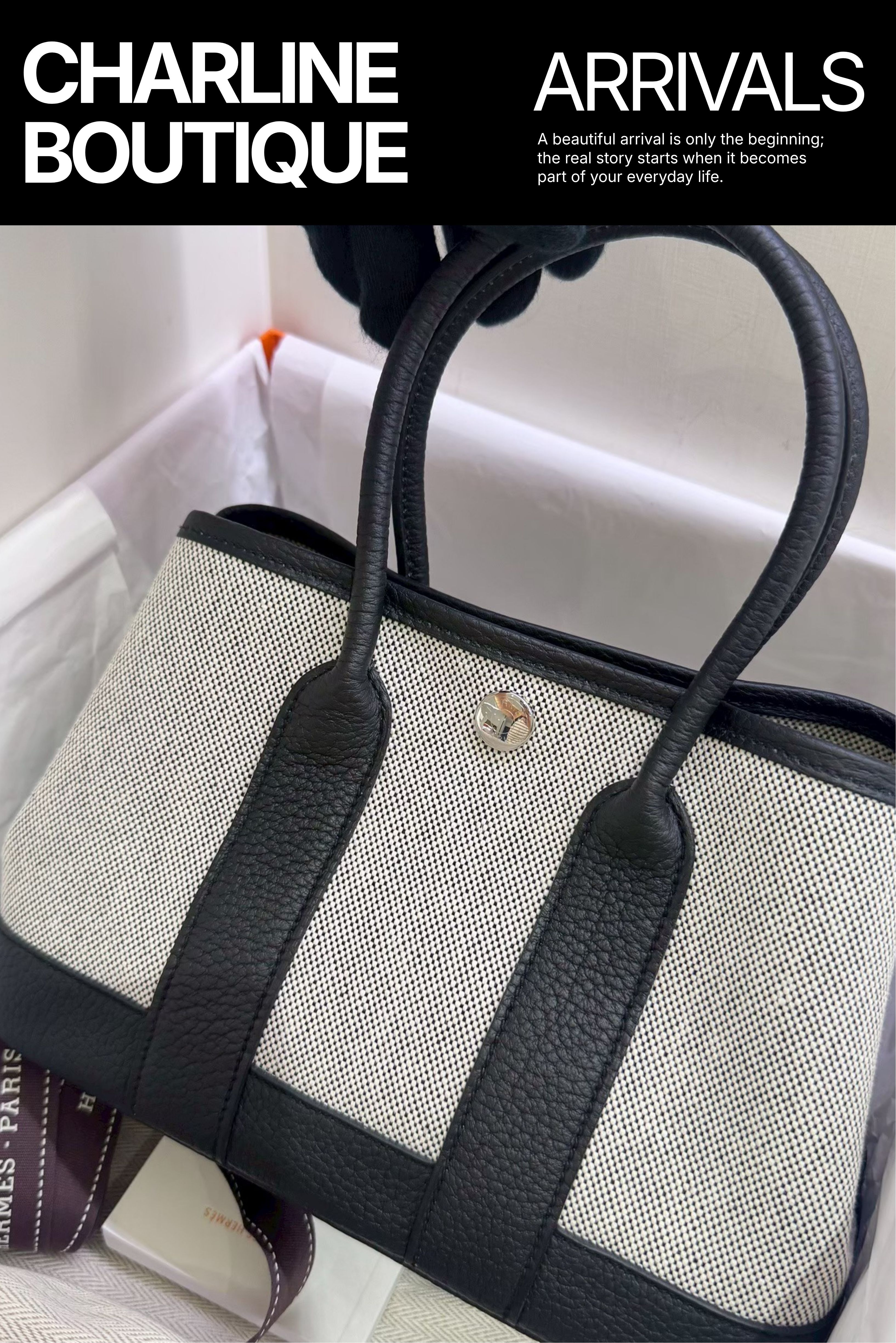 Hermès 小尺寸帆布托特包正面,呈現包身比例、提把與開口大小,Charline Boutique 實拍