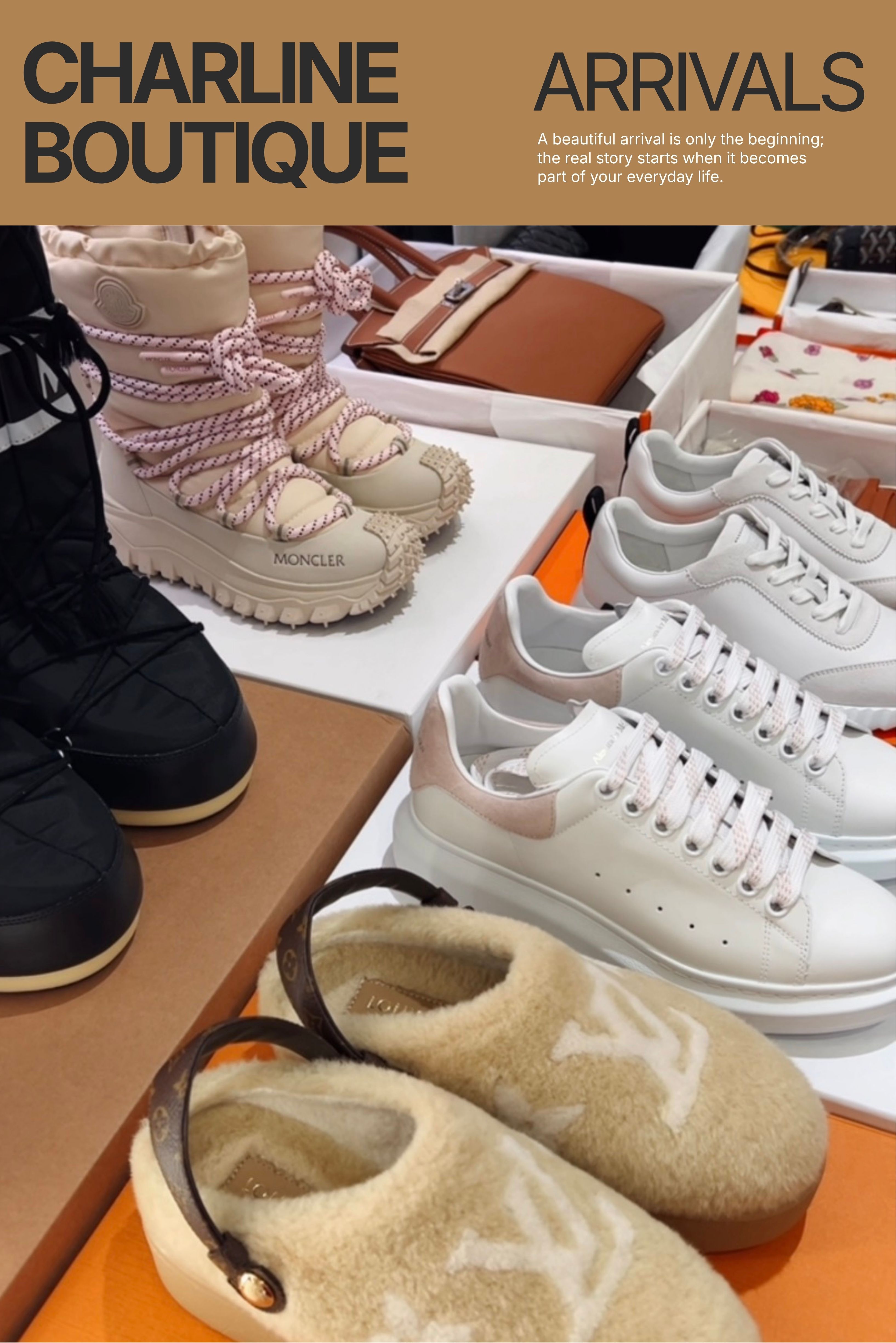 Moncler 等多款精品鞋履集中排列,比較芭蕾鞋、休閒鞋與不同鞋頭輪廓,Charline Boutique 實拍