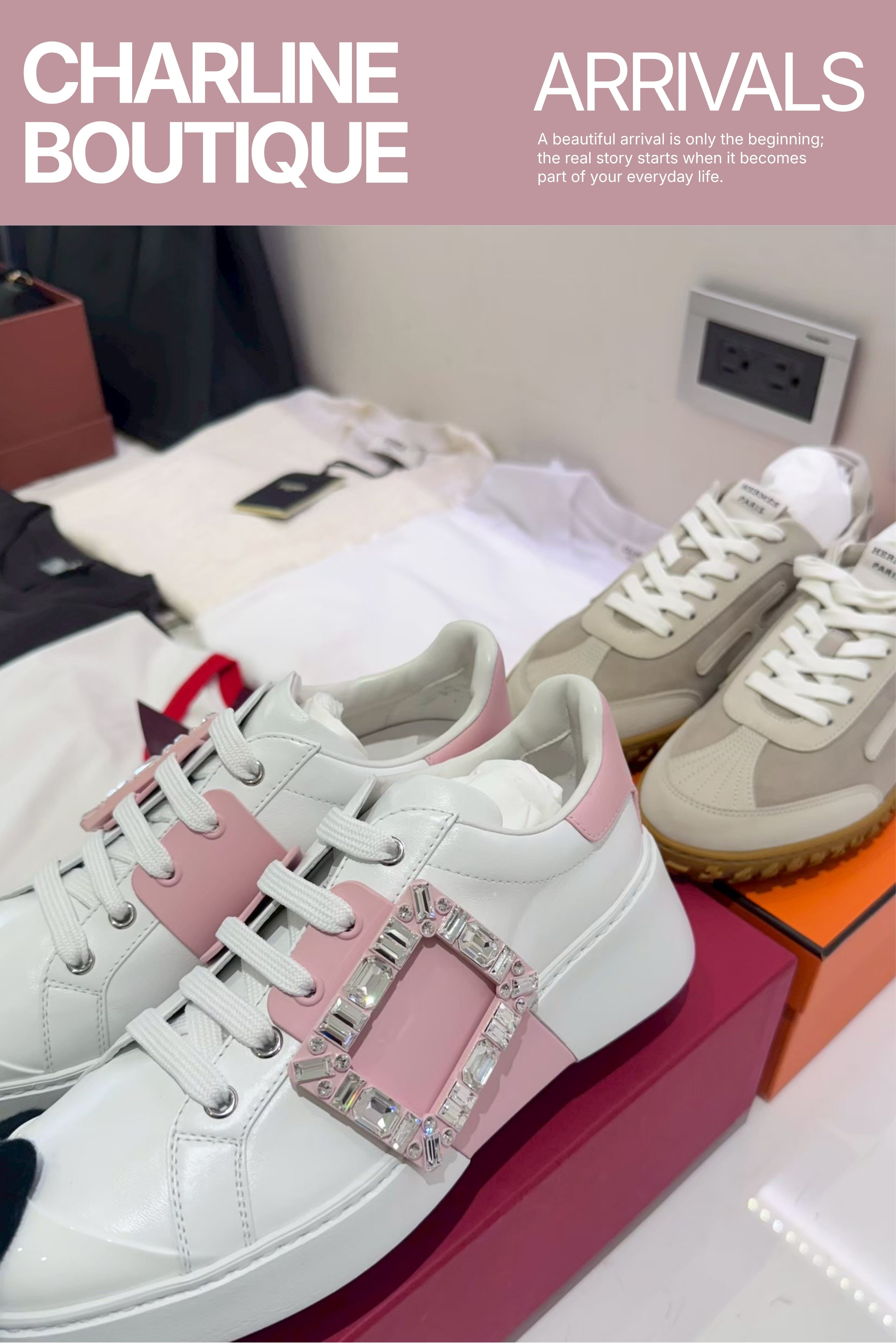 白色與灰色精品休閒鞋並排,比較鞋身比例、鞋底厚度與鞋型差異,Charline Boutique 實拍