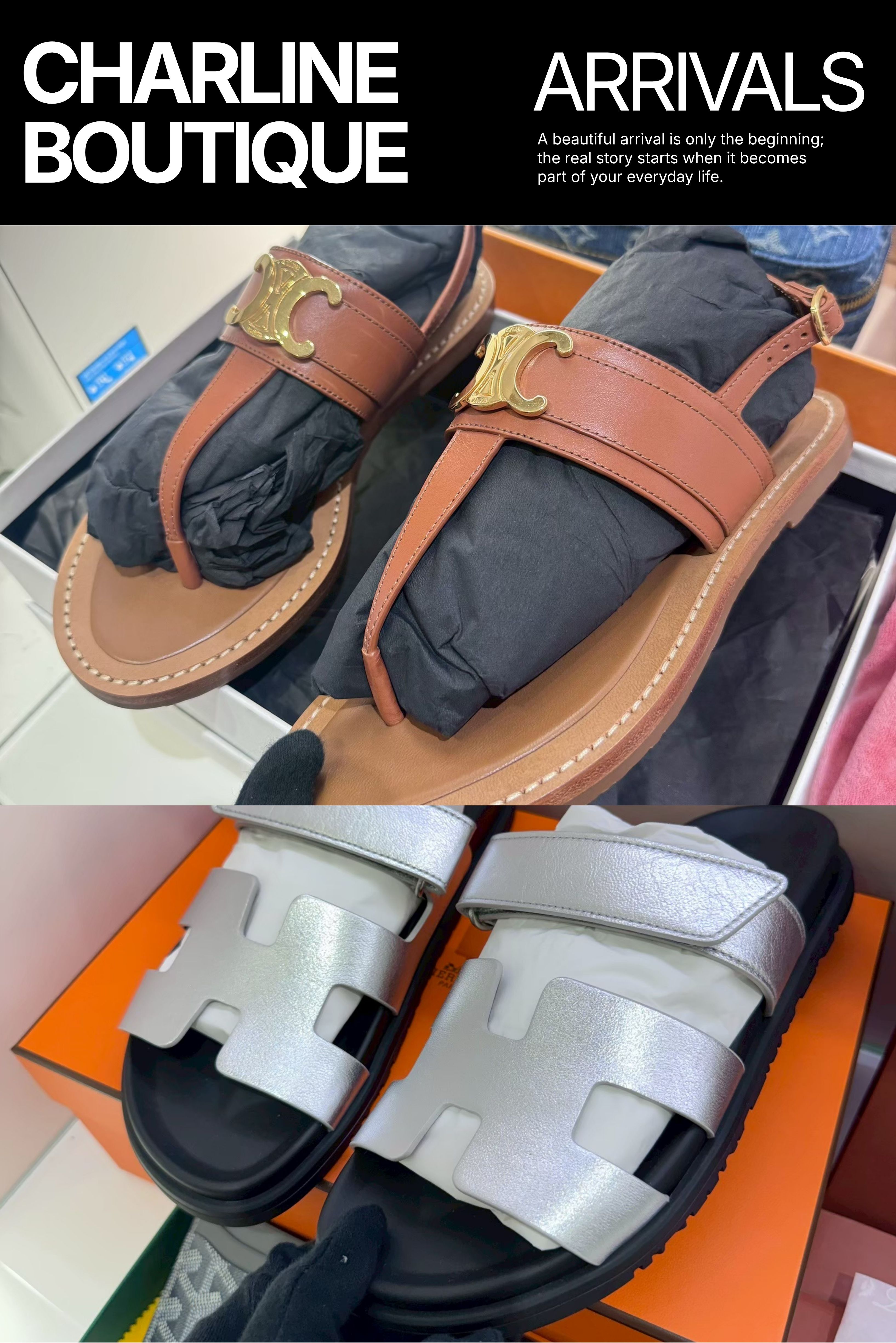Hermès 銀色涼鞋實品,呈現鞋面包覆、鞋頭輪廓與金屬色澤,Charline Boutique 實拍