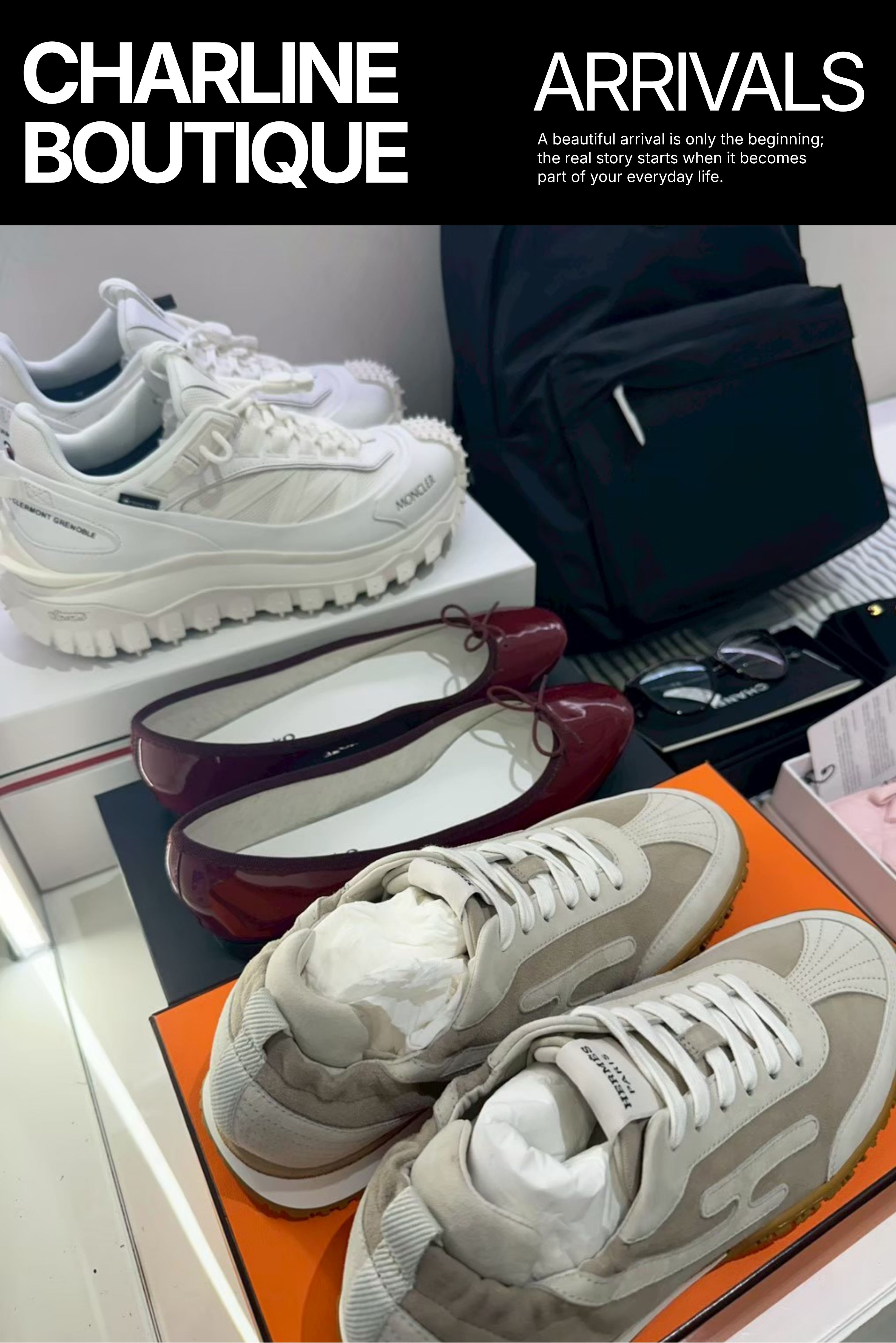 Moncler 白色厚底休閒鞋、酒紅色芭蕾平底鞋、米灰色休閒鞋與黑色包款、眼鏡集中到貨展示,Charline Boutique 實拍