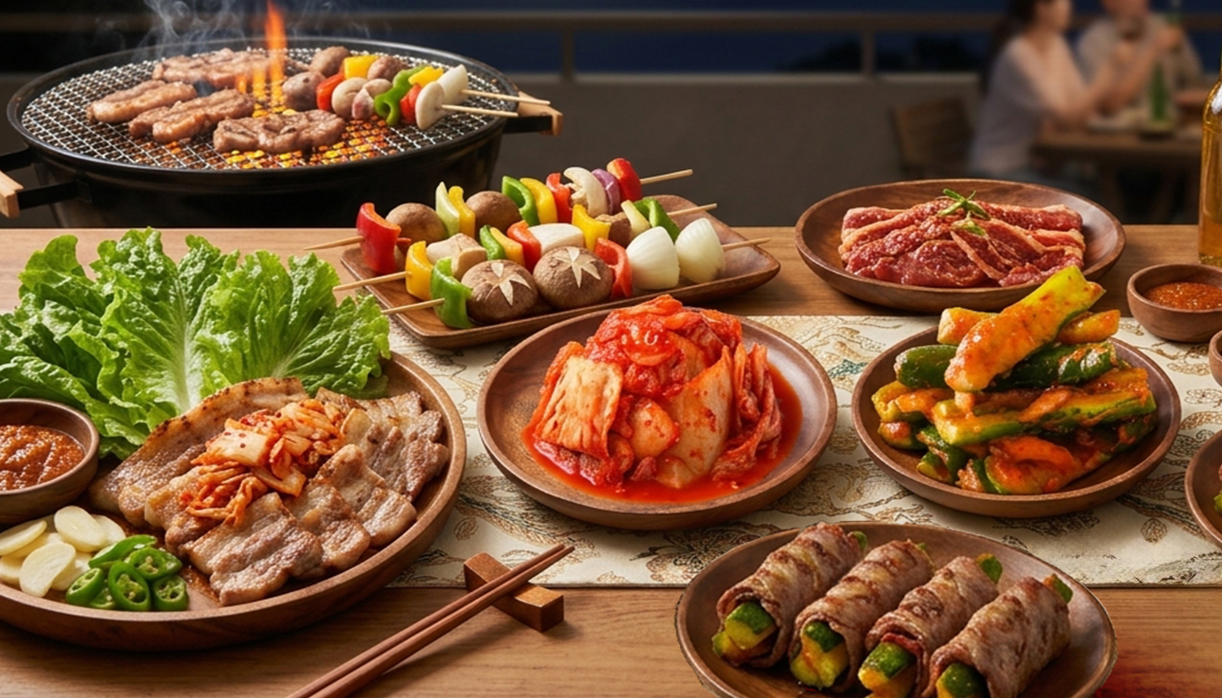 中秋烤肉桌擺放韓式豬五花生菜包肉與協發行韓式泡菜、泡菜黃瓜,展現澎湃韓味。