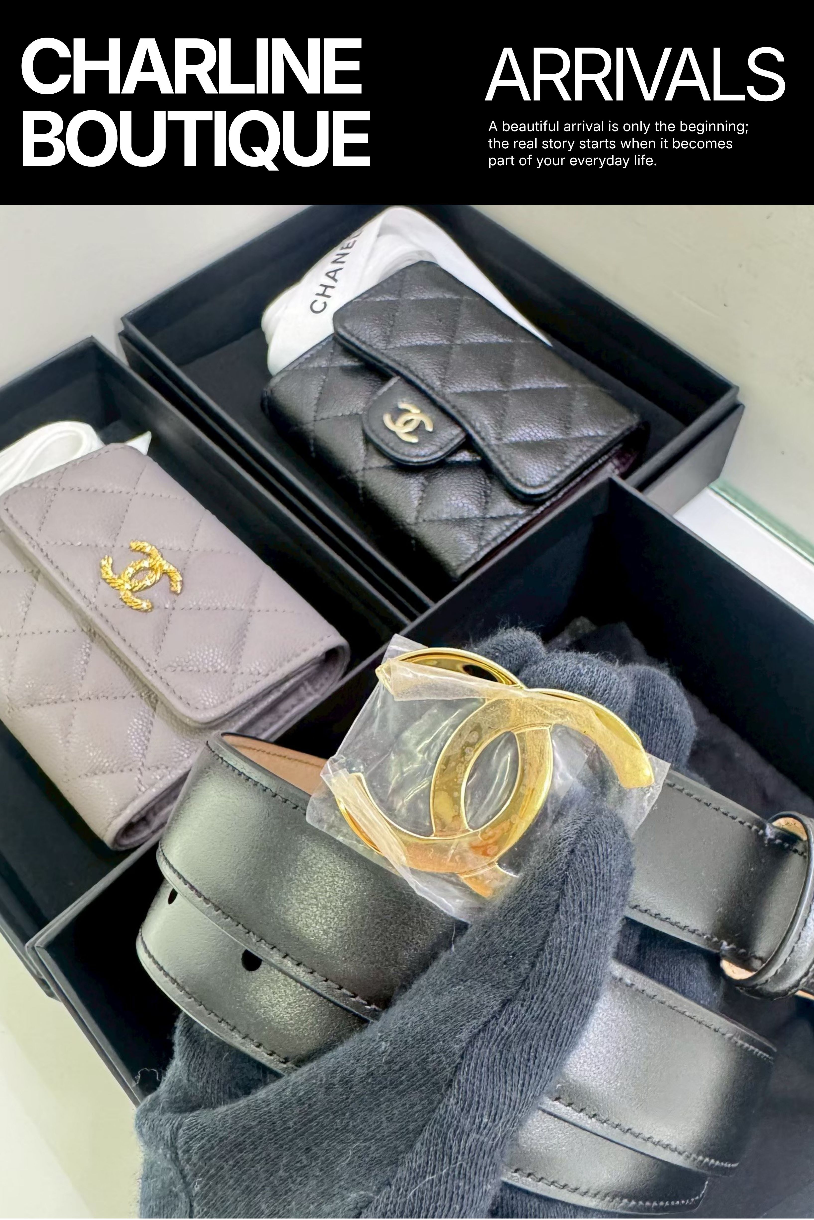 CHANEL 黑色與灰色菱格紋小皮件、金色雙 C Logo 與黑色皮帶集中排列,Charline Boutique 實拍