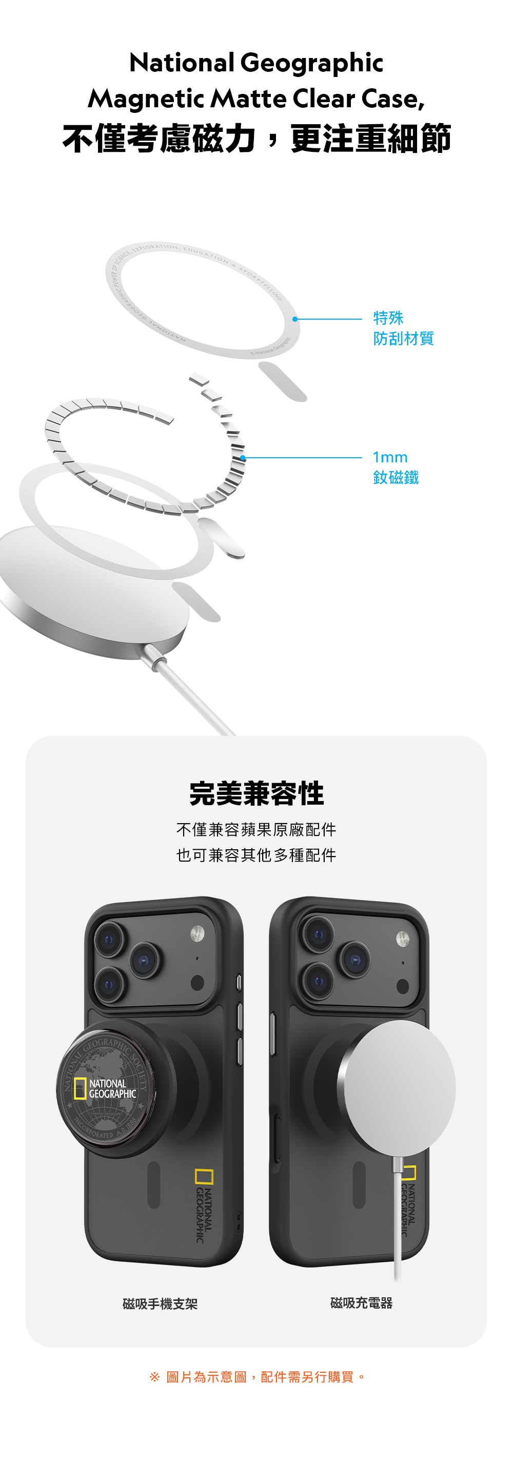 National GeographicMagnetic Matte Clear Case不僅考慮磁力更注重細節SCIENCE, EXPLORATION, EDUCATIONSTORYTELLING National 特殊防刮材質1mm˙釹磁鐵完美兼容性不僅兼容蘋果原廠配件也可兼容其他多種配件GEOGRAPHICGEOGRAPHICINCORPORATEDA.D. 1888GEOGRAPHICNATIONALNATIONAL磁吸手機支架磁吸充電器 圖片為示意圖,配件需另行購買。