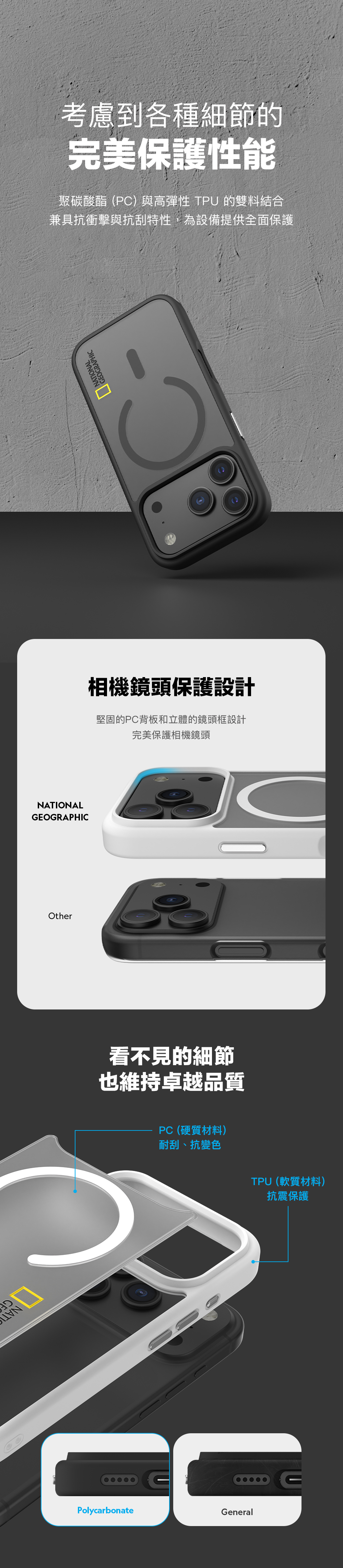 NATIONALGEOGRAPHIOther考慮到各種細節的完美保護性能聚碳酸酯(PC)與高彈性 TPU 的雙料結合兼具抗衝擊與抗刮特性,為設備提供全面保護C相機鏡頭保護設計堅固的PC背板和立體的鏡頭框設計完美保護相機鏡頭看不見的細節也維持卓越品質PC (硬質材料)耐刮、抗變色TPU (軟質材料)抗震保護PolycarbonateGeneral