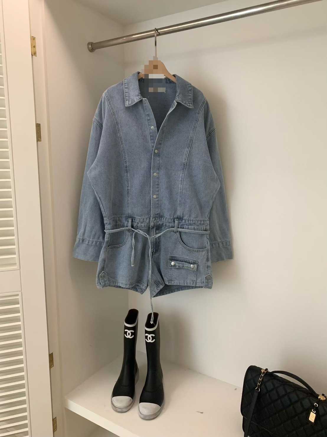 牛仔長袖連身短褲