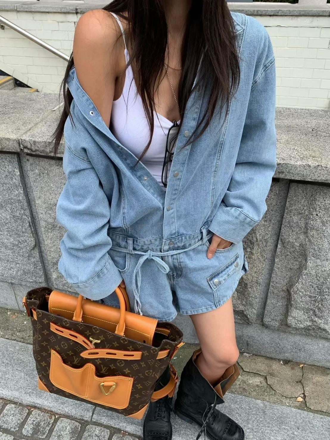 牛仔長袖連身短褲