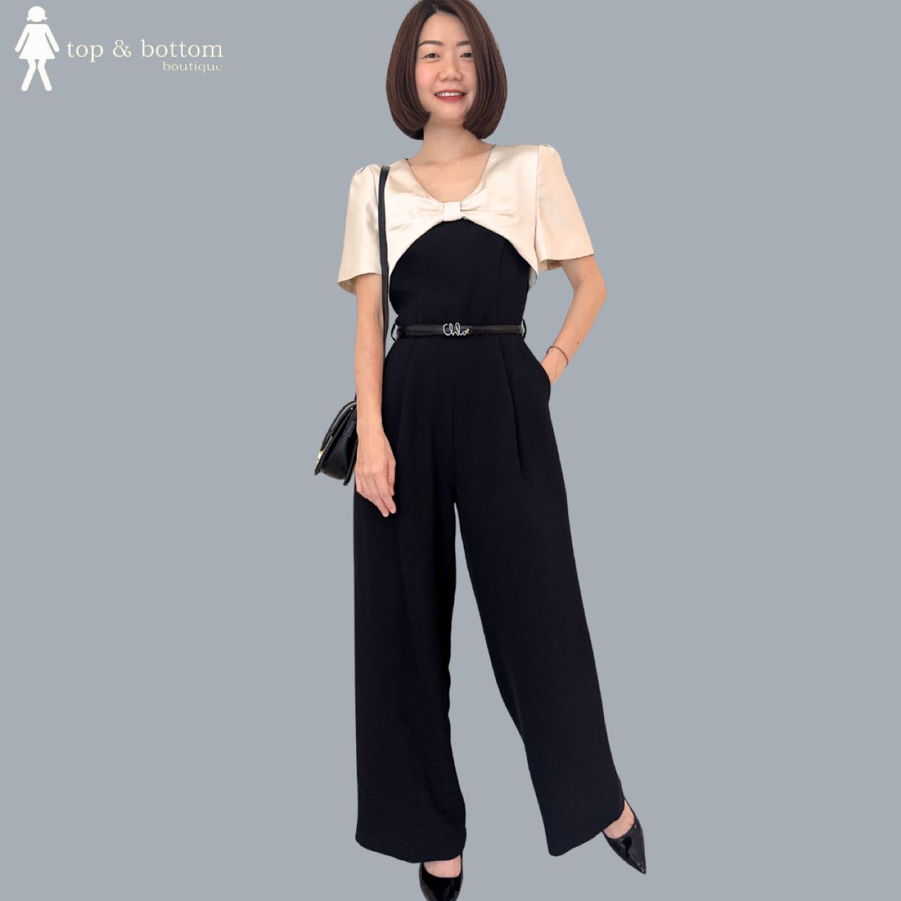 TWO TONE RIBBON BOW FRONT LONG JUMPSUIT (WITH BELT)