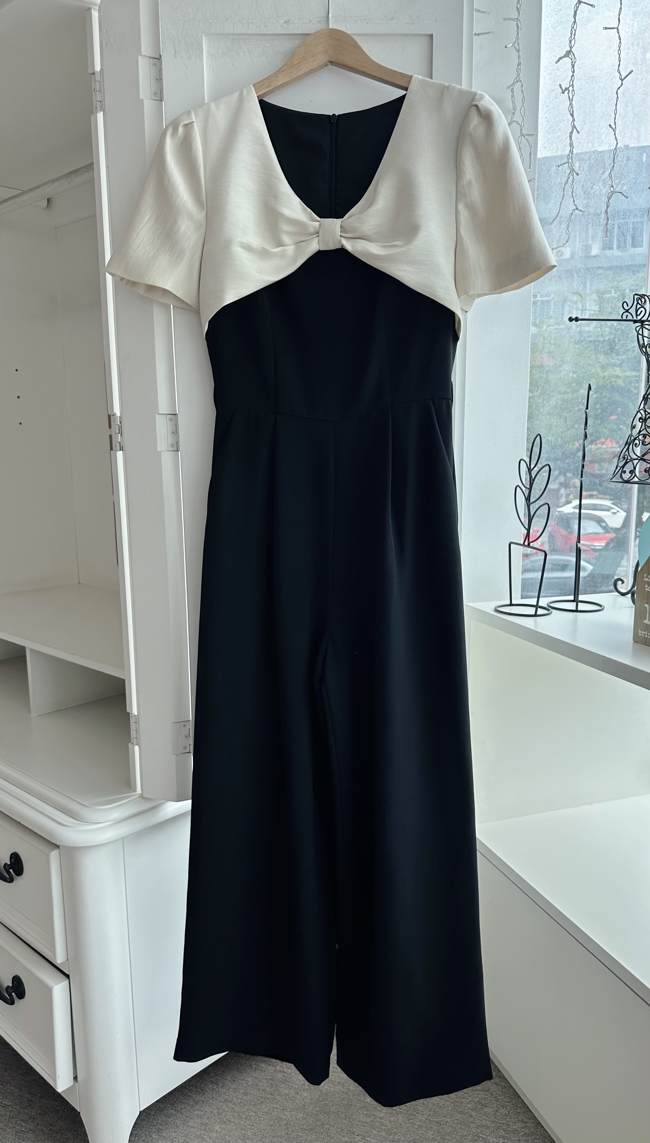 TWO TONE RIBBON BOW FRONT LONG JUMPSUIT (WITH BELT)