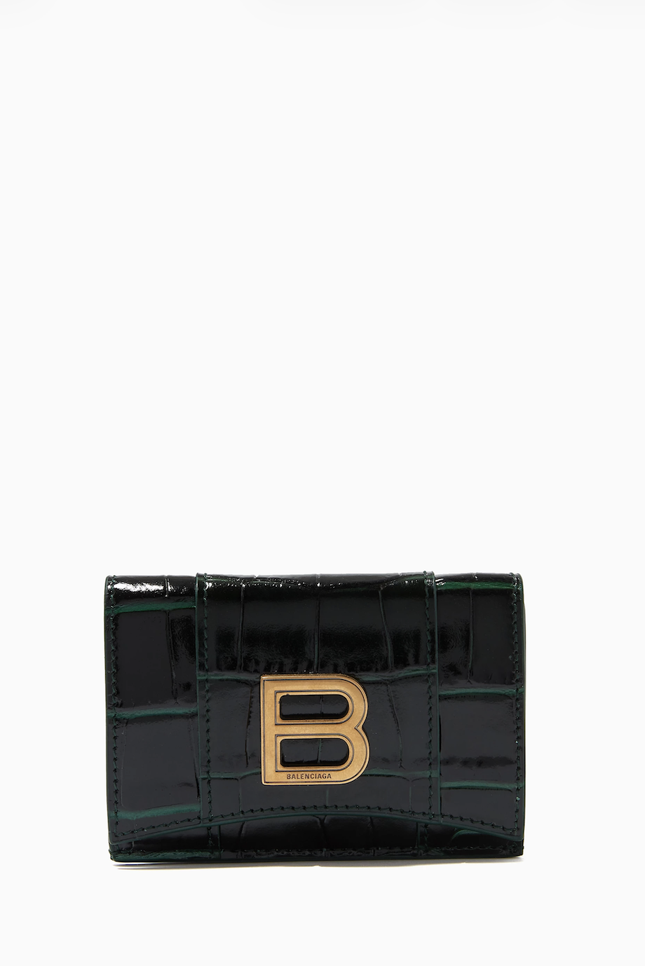 iSNEAKERS｜ Balenciaga Hourglass Mini Wallet in Shiny Crocodile Embossed Calfskin 深墨綠 鱷魚皮壓紋 短夾