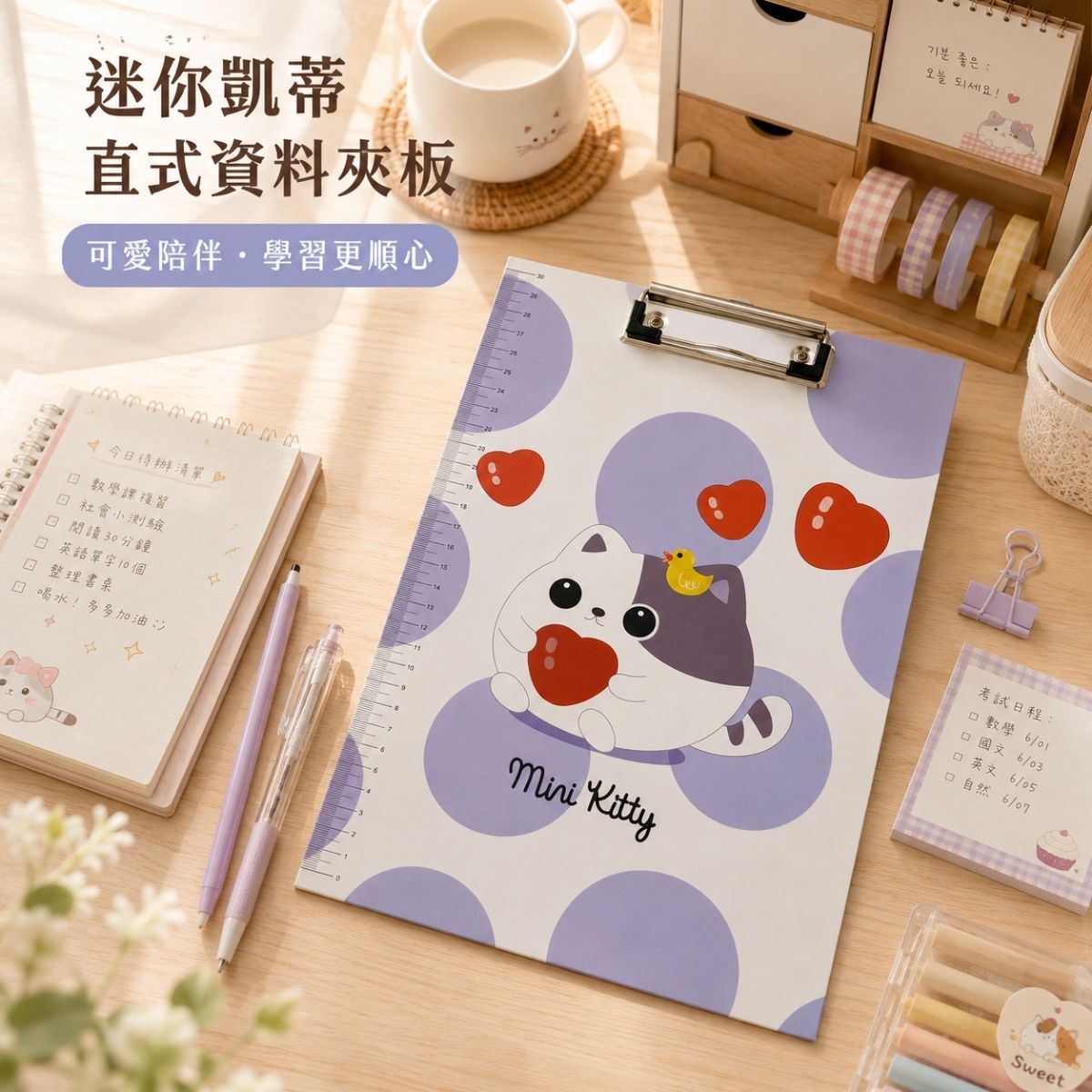 可愛貓咪直式資料夾板｜ A4書寫板夾 附刻度尺 文件夾板 學生文具【輕鬆購五金百貨】