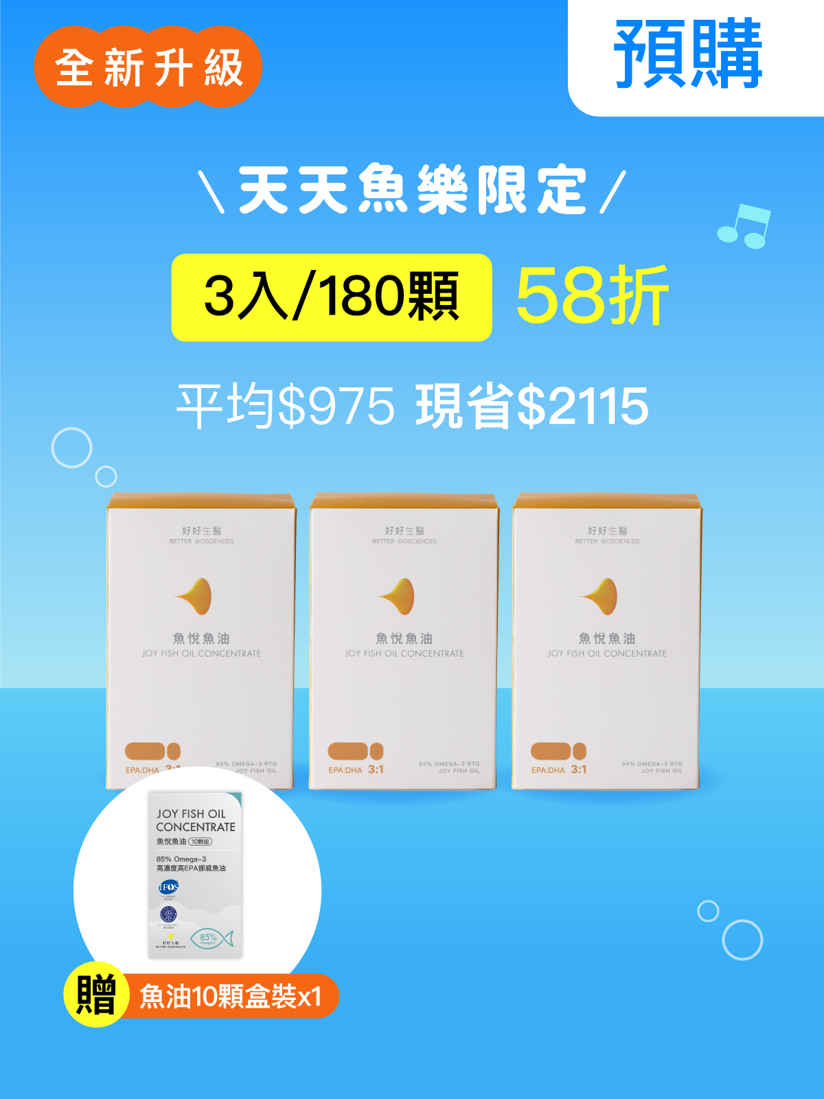 【預購｜十一月上旬出貨】全新升級魚悅魚油－94％ Omega-3 rTG高濃度EPA挪威魚油 3 入組 (180顆)【HEENIVERSE專區】