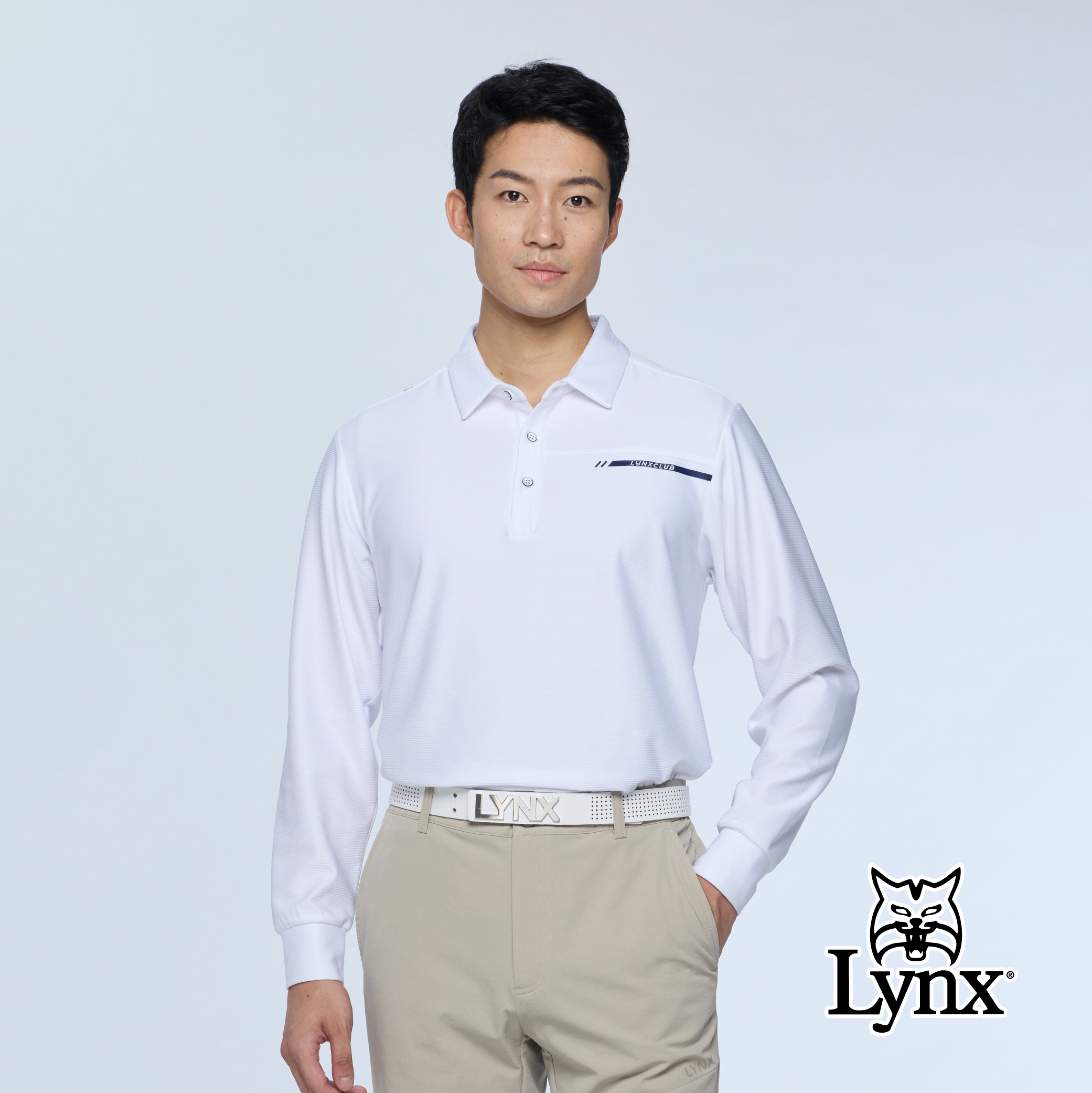 【Lynx Golf】男款吸濕排汗彈性素面長袖POLO衫