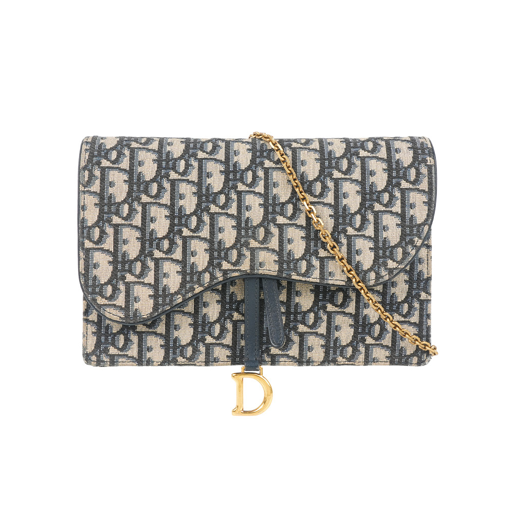 【CHRISTIAN DIOR】Saddle Oblique 緹花布中型皮夾式鍊包WOC/手拿包(藍色)